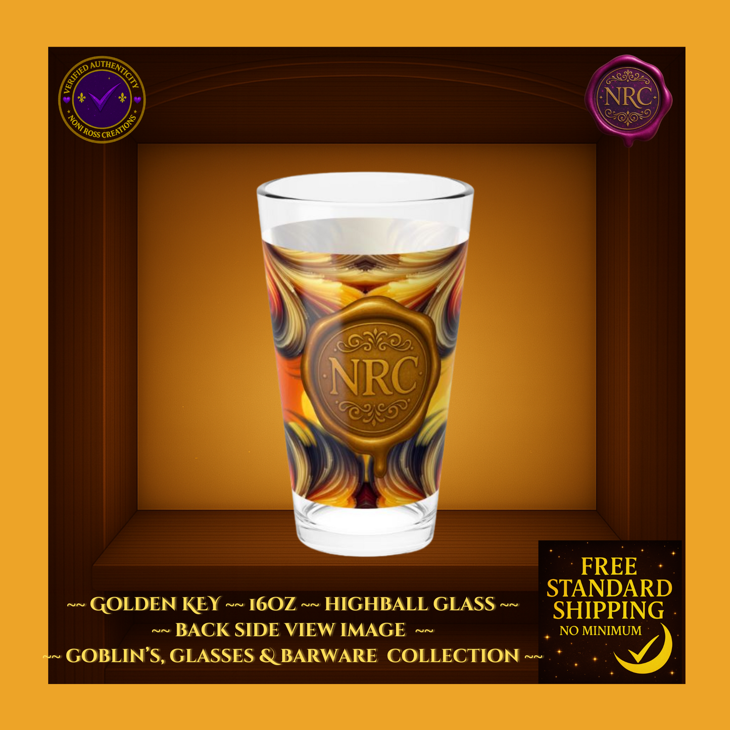 Elegant 16oz highball glass featuring Golden Key vortex design and NRC badge—artisan barware gift.