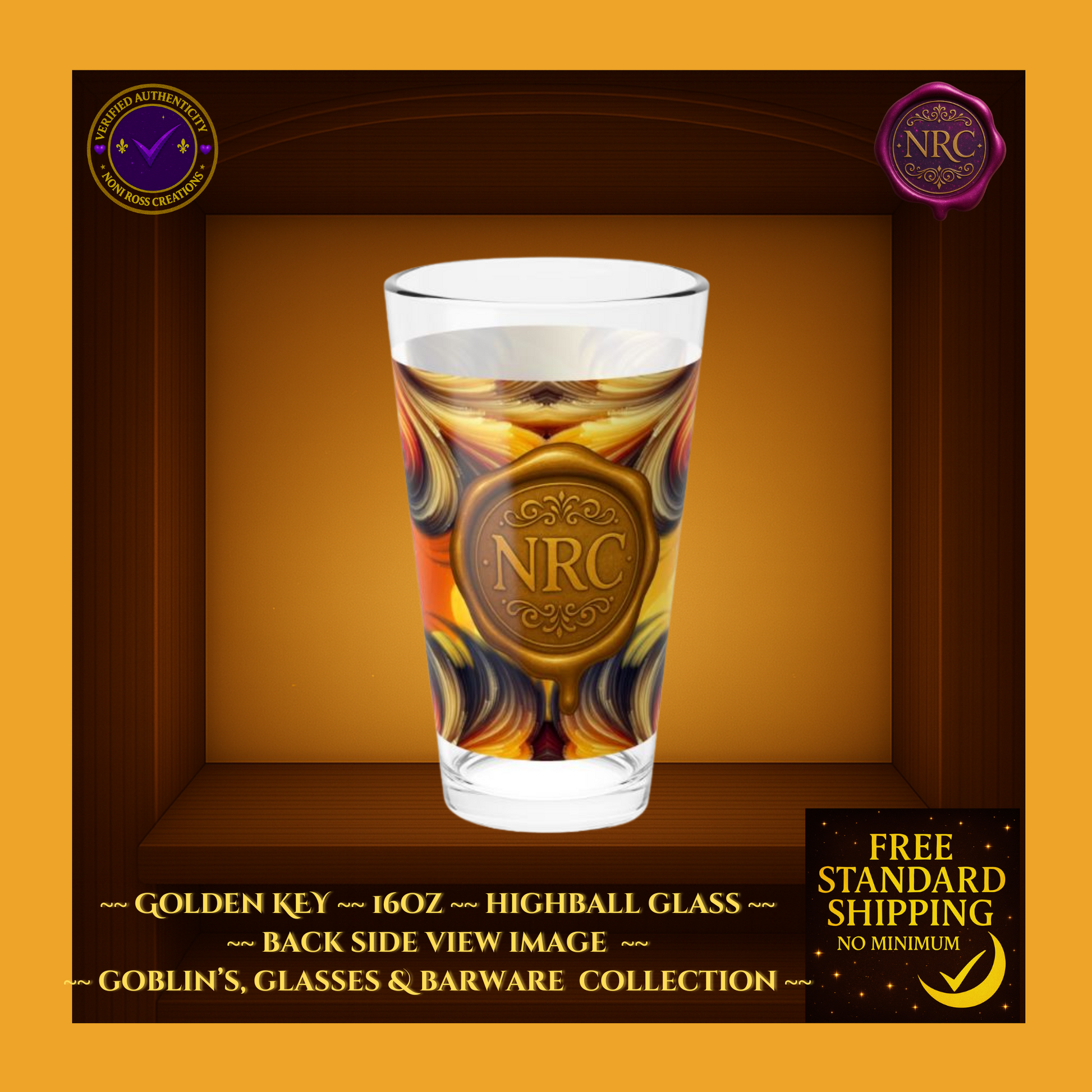 Elegant 16oz highball glass featuring Golden Key vortex design and NRC badge—artisan barware gift.