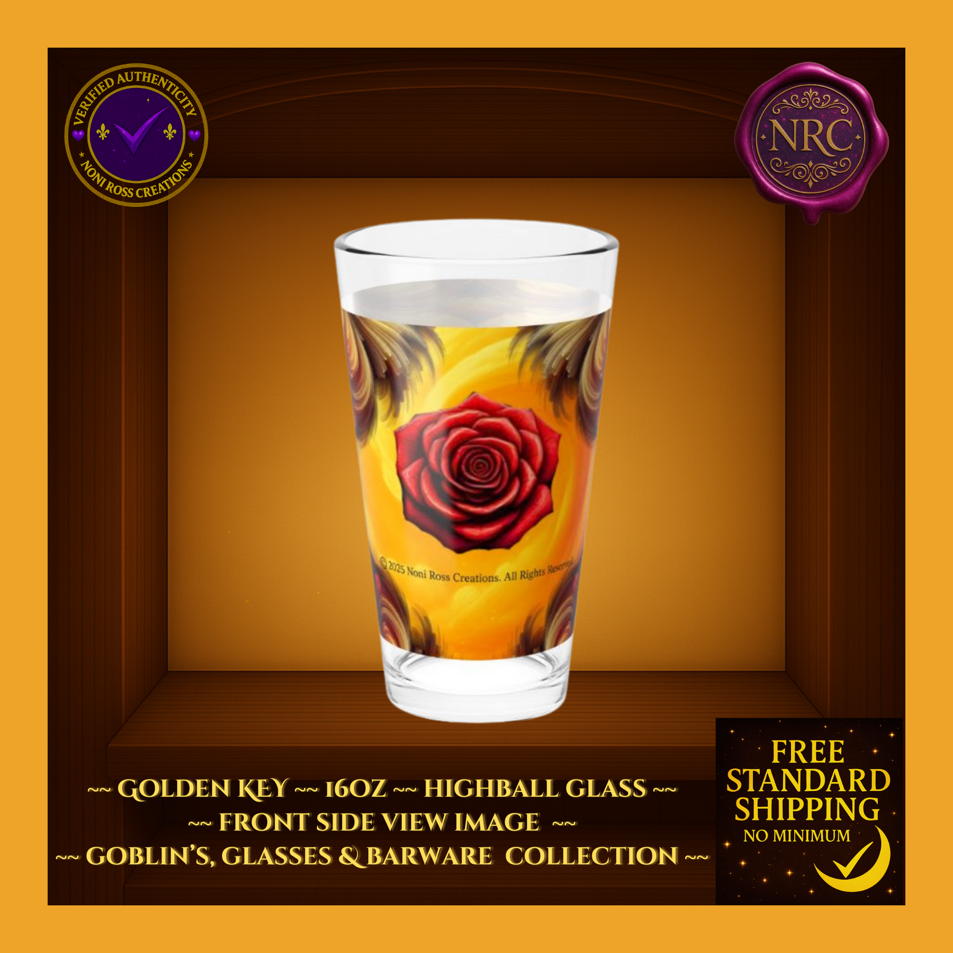 Golden Key 16oz highball glass by Noni Ross Creations—swirling amber pattern with embossed NRC seal, premium barware.
