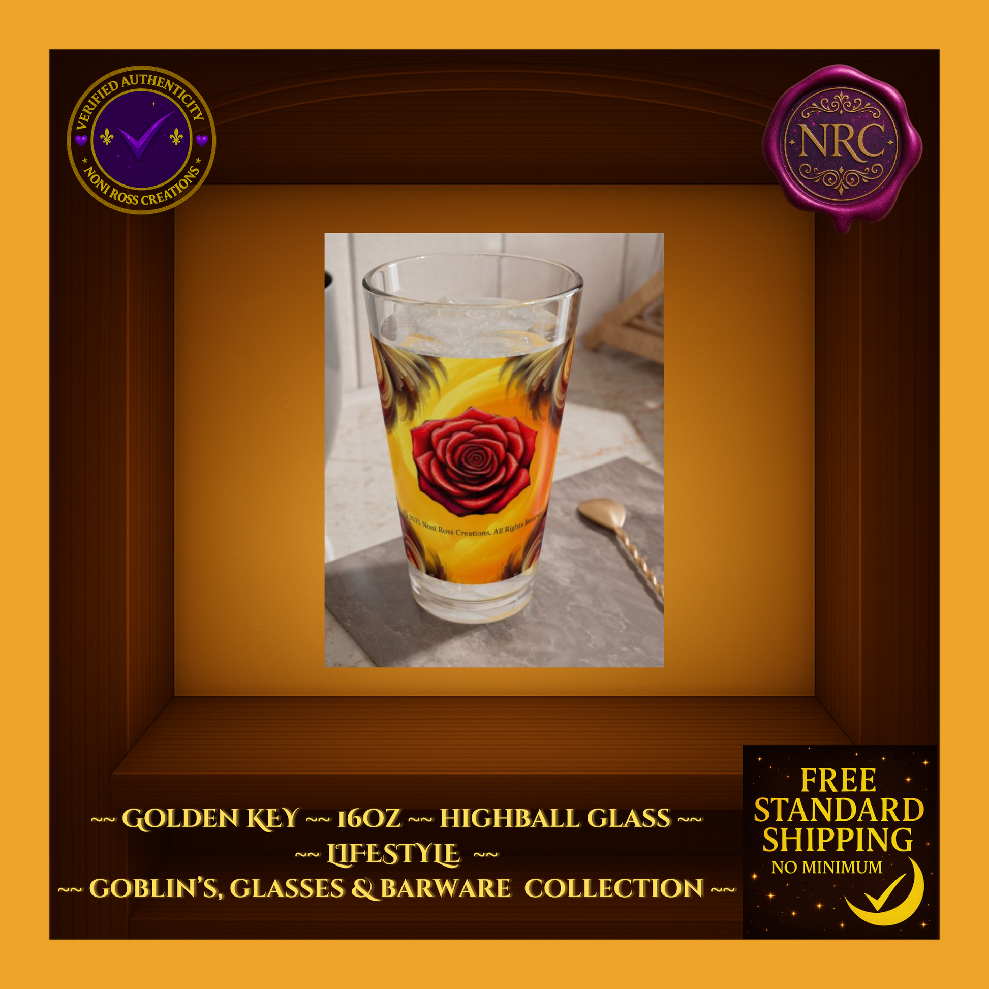 Noni Ross Creations Golden Key highball glass, 16oz clear tumbler with gold swirl artwork and NRC medallion.
