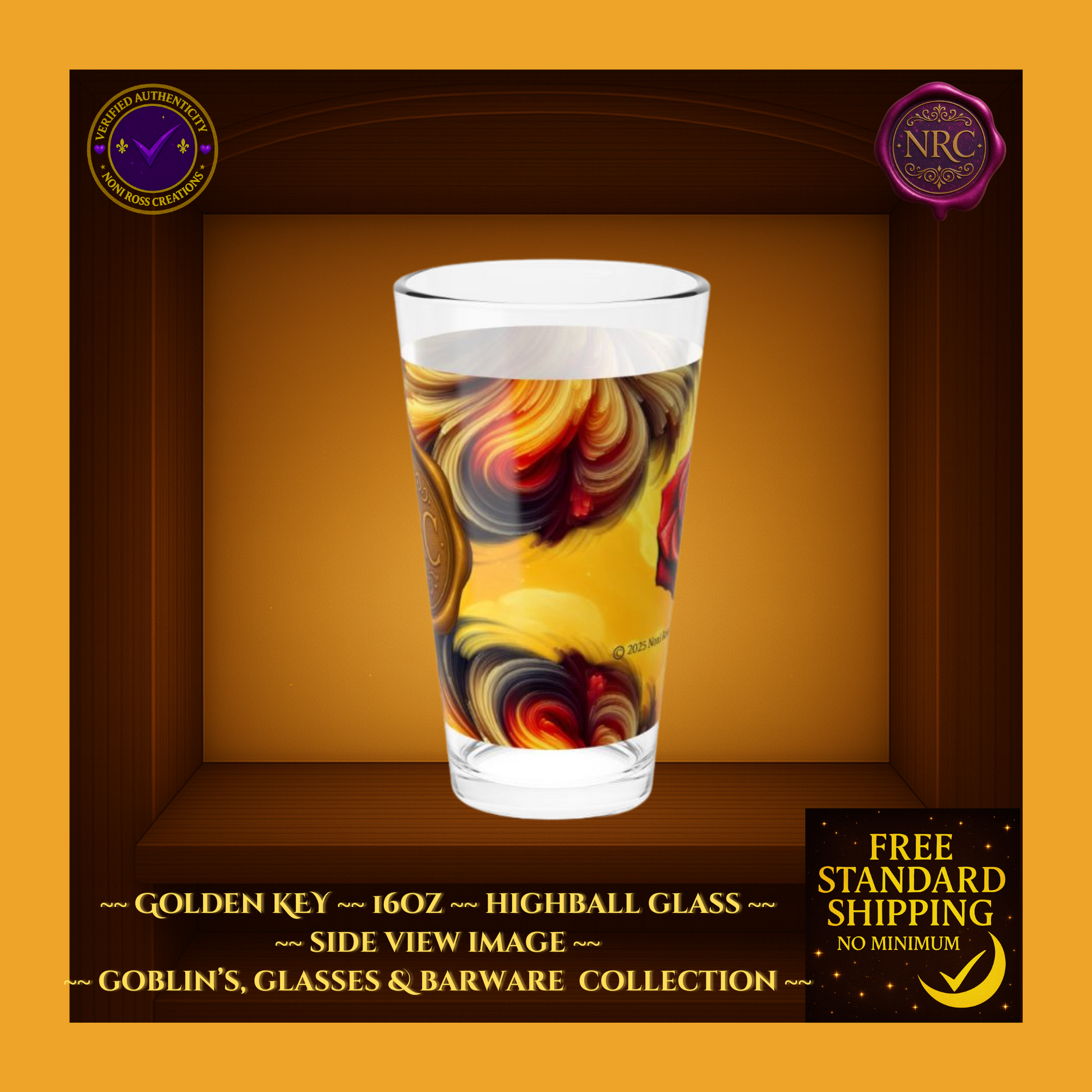 Golden Key pattern highball glass, 16oz drinkware by Noni Ross Creations—luxury swirl motif with signature seal.