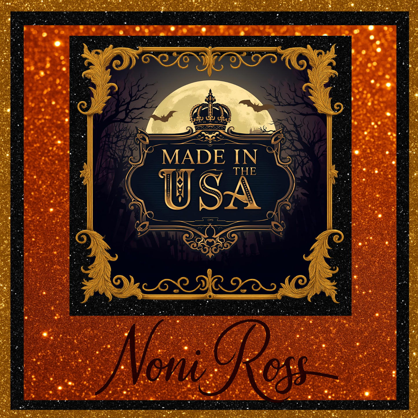 Proudly Made in the USA Halloween badge for Noni Ross Creations—patriotic seal with festive accents