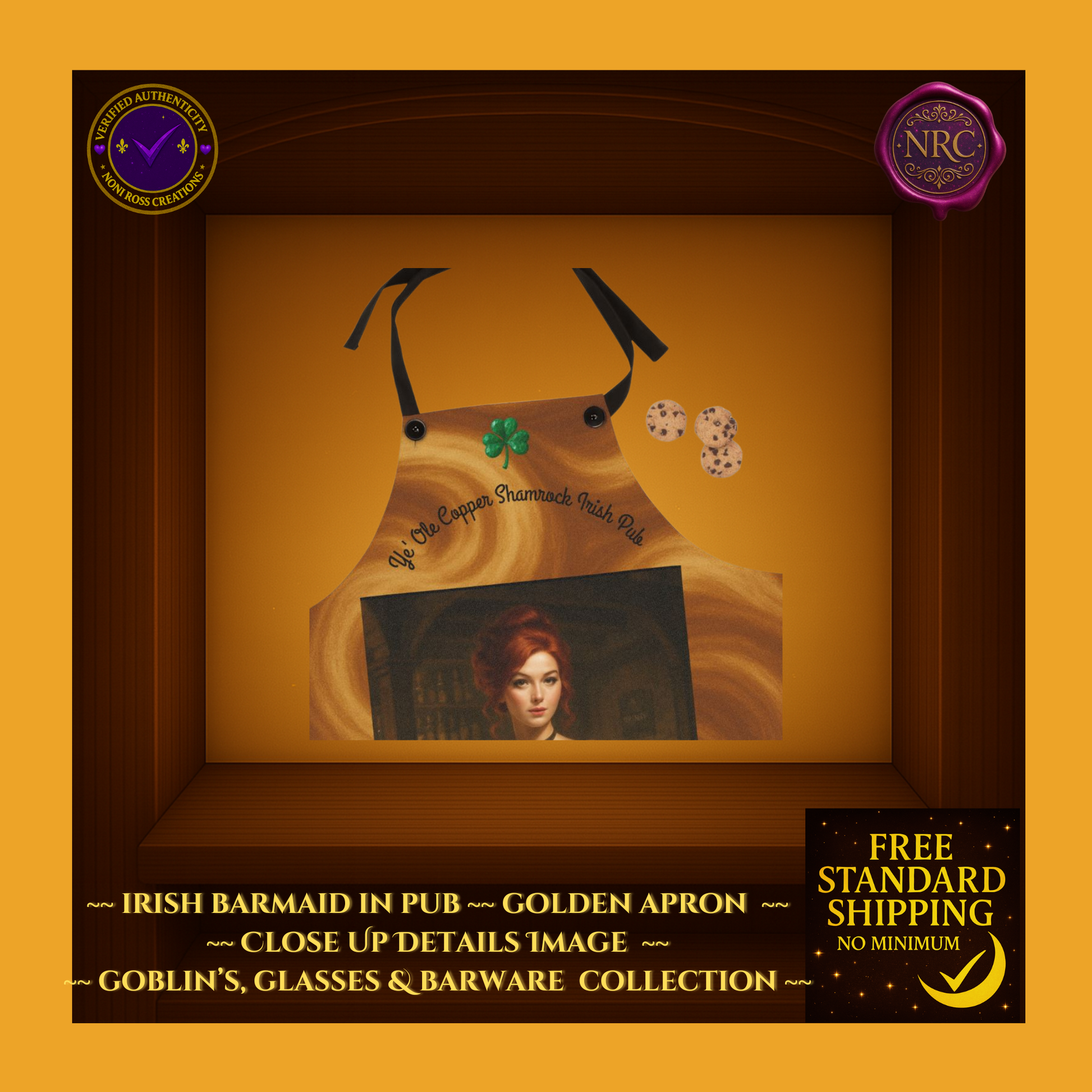 Detail view of Irish Barmaid Apron with green shamrock and vintage script print – Goblin’s Glasses & Barware Collection