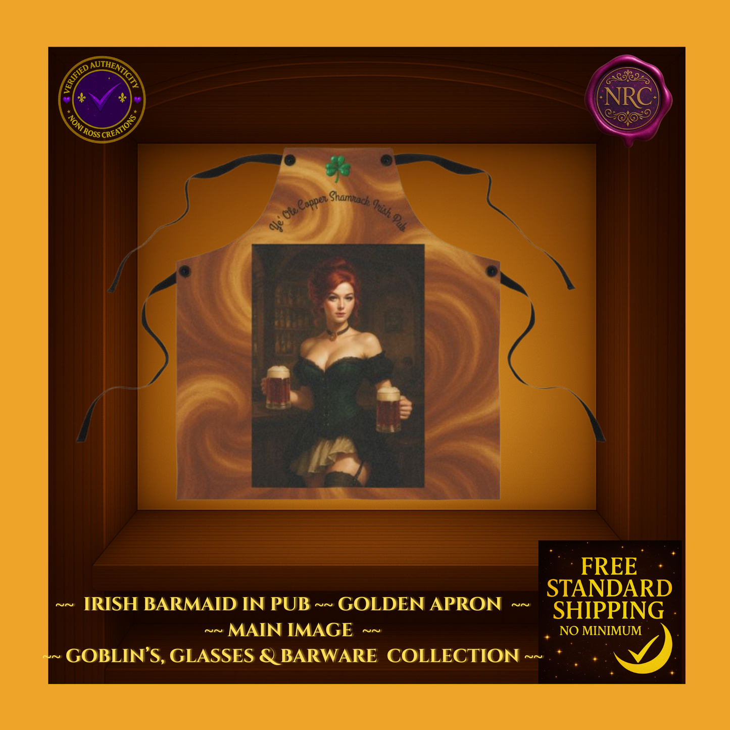 Flat layout of Golden Apron Irish Barmaid – antique pub art kitchen and bar apron by Noni Ross Creations