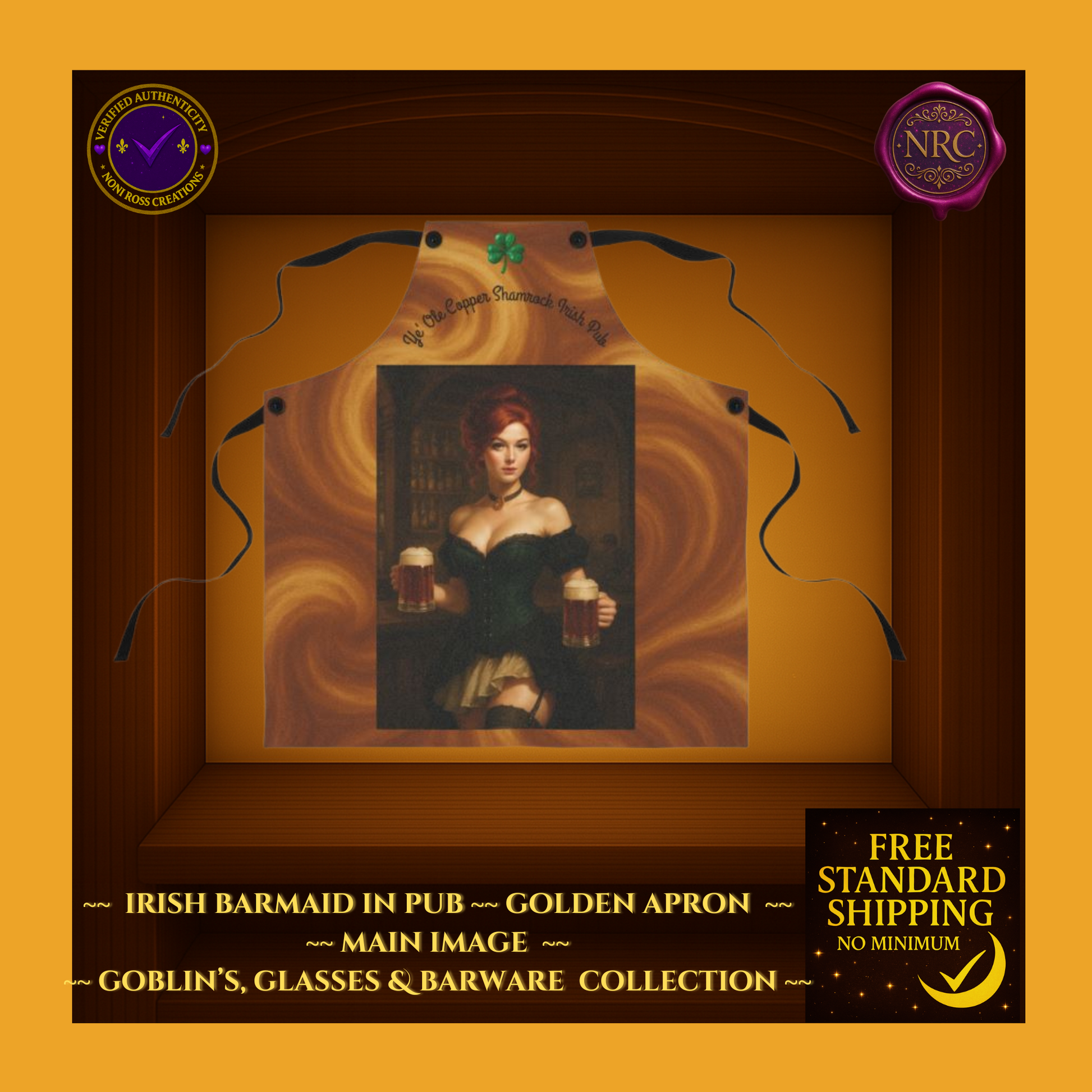 Flat layout of Golden Apron Irish Barmaid – antique pub art kitchen and bar apron by Noni Ross Creations