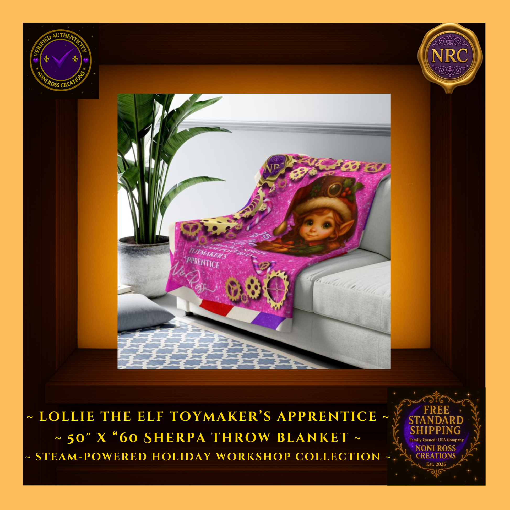 Lifestyle gold cubby view of the Pink Candy Cane Lottie fleece blanket displayed on a couch, highlighting its warm festive tones and whimsical steampunk holiday artwork