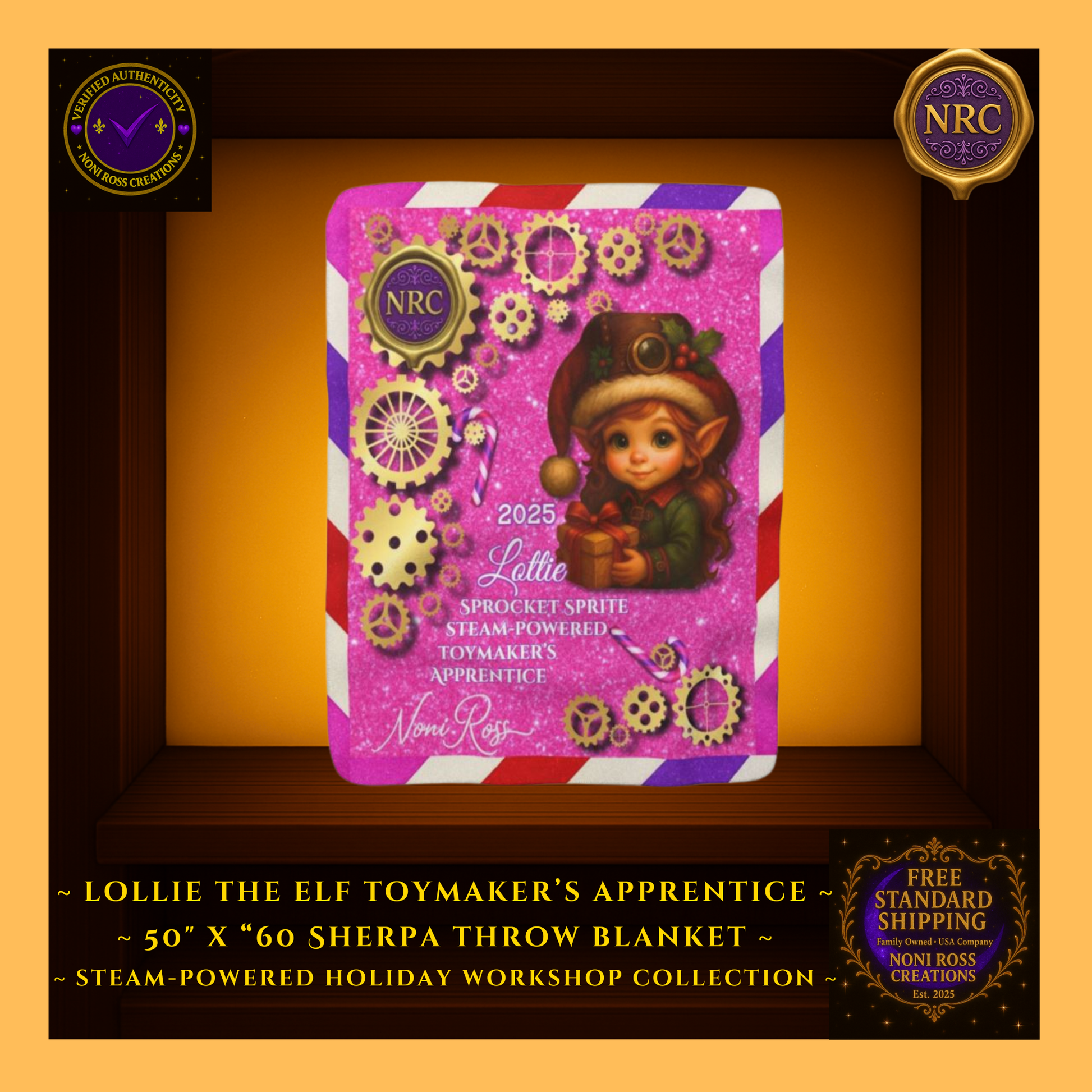 Main gold cubby image of the Pink Candy Cane Lottie the Elf fleece blanket showing Lottie with a holiday gift surrounded by pink sparkles and candy-cane accents