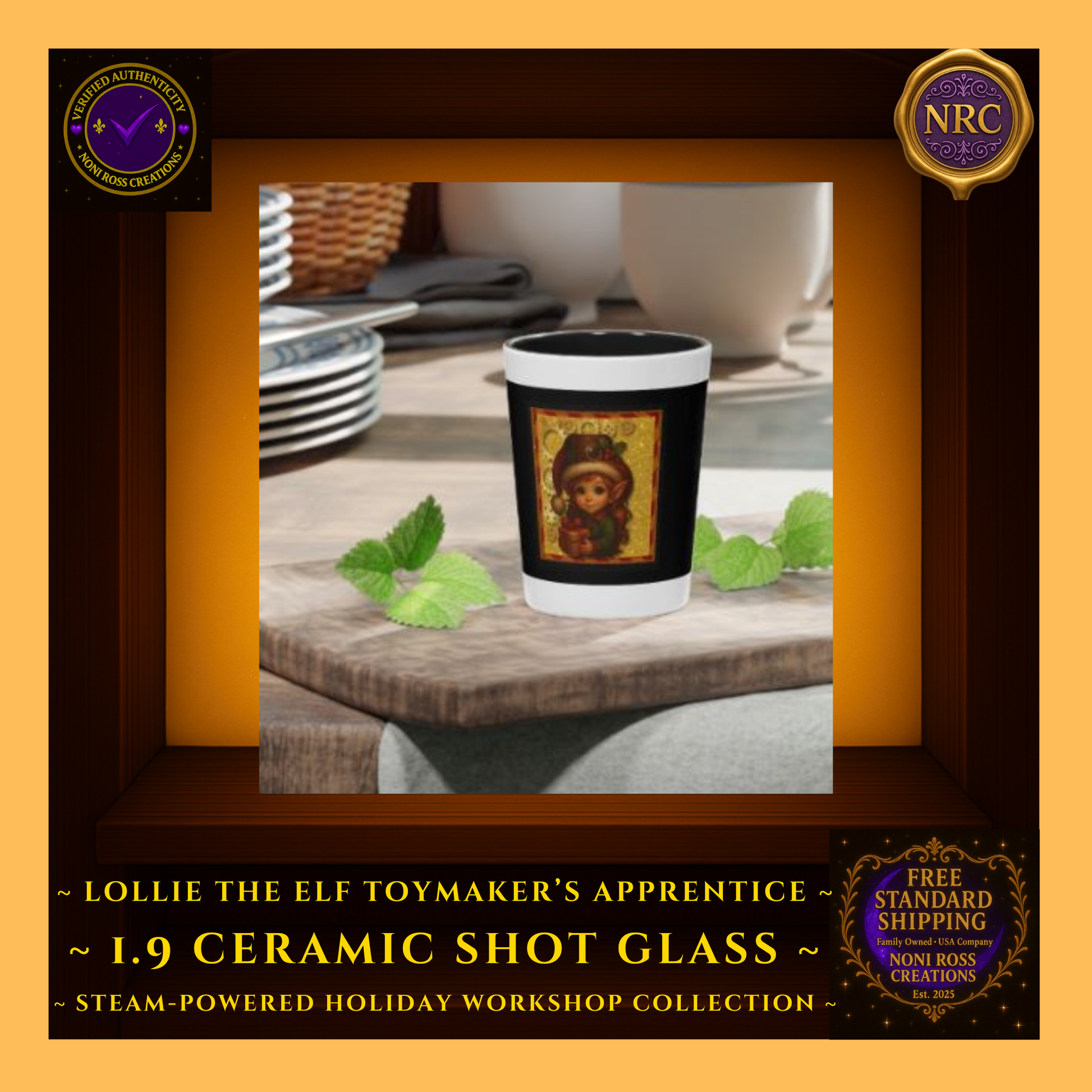 Steam-Powered Girl Elf 1.9oz ceramic shot glass in NRC cubby lifestyle setting, perfect for Christmas entertaining, stocking stuffers, and collectors.