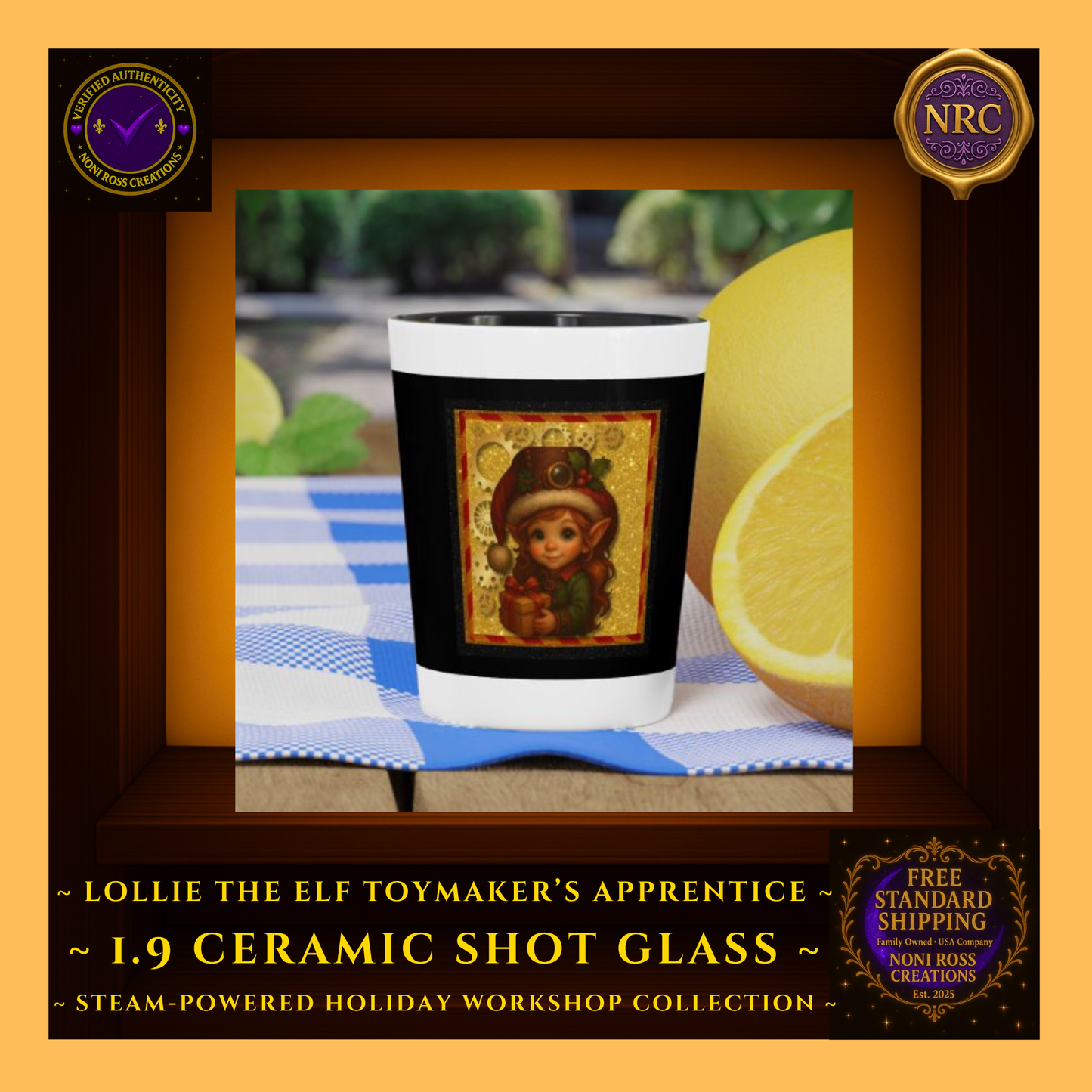 Steam-Powered Girl Elf 1.9oz ceramic shot glass styled in NRC cubby lifestyle scene as whimsical steampunk holiday bar décor.