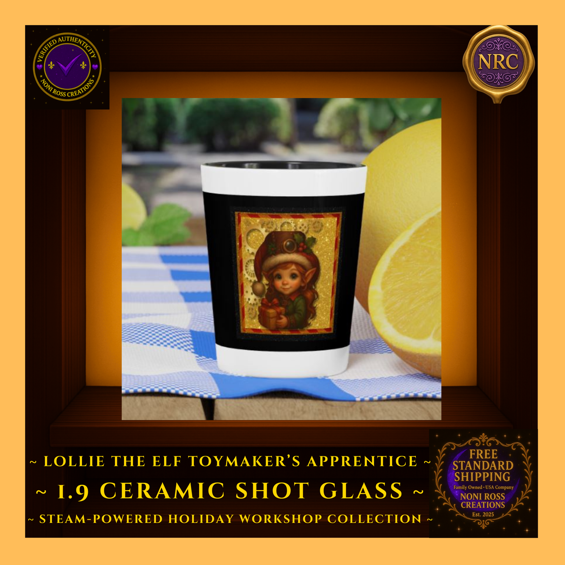 Steam-Powered Girl Elf 1.9oz ceramic shot glass styled in NRC cubby lifestyle scene as whimsical steampunk holiday bar décor.