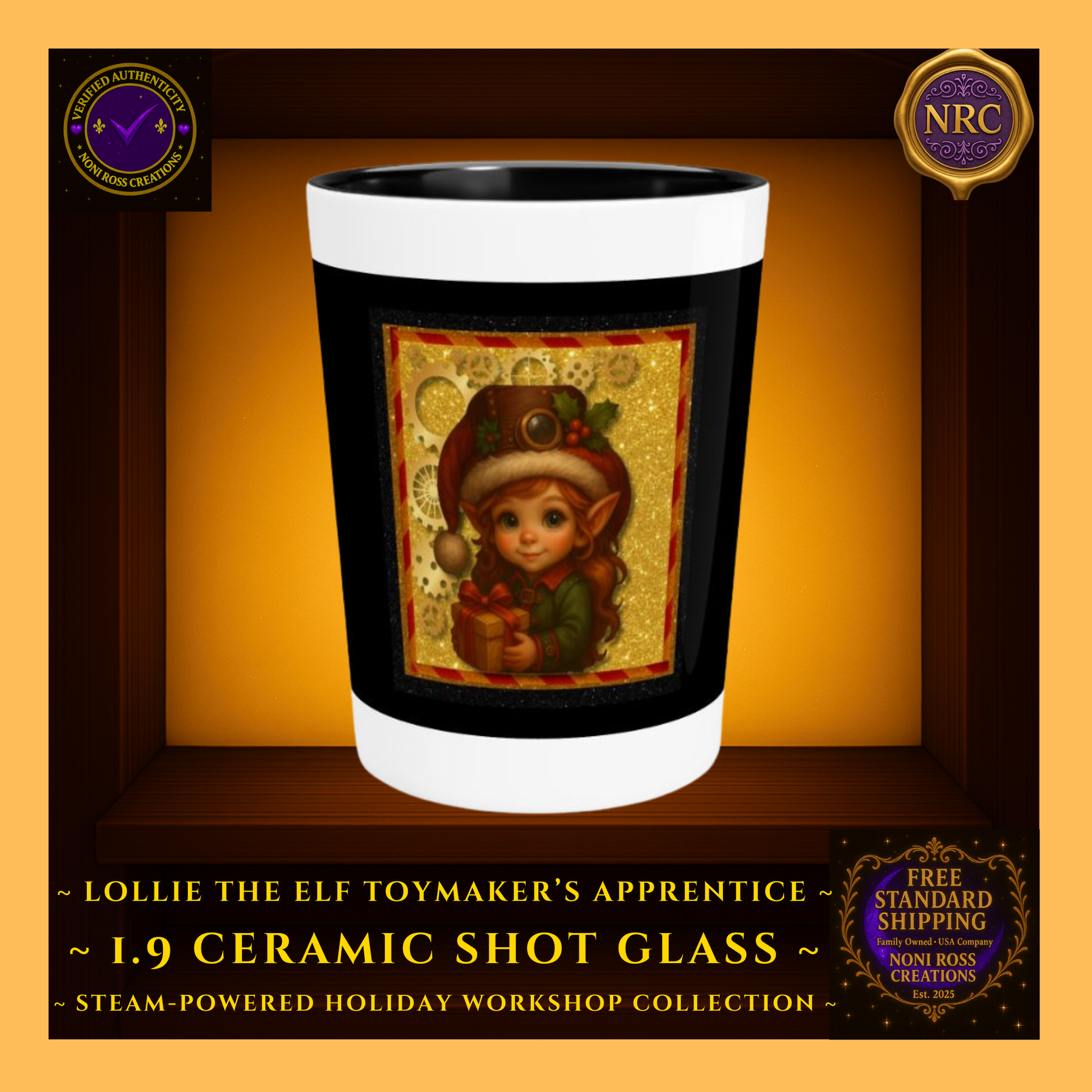 Steam-Powered Girl Elf 1.9oz ceramic shot glass centered in NRC cubby frame, full front artwork with steampunk holiday elf visible.
