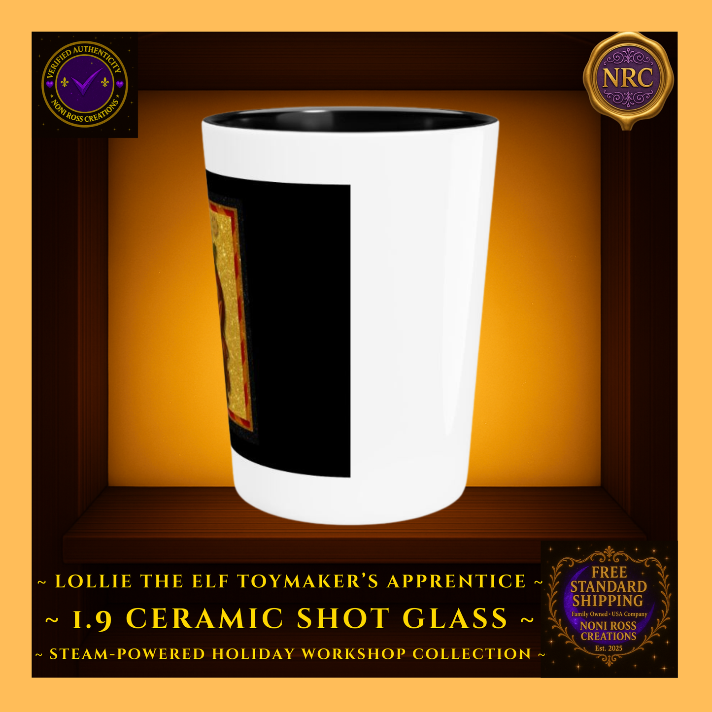 Steam-Powered Girl Elf 1.9oz ceramic shot glass in NRC cubby, right side angle highlighting curved silhouette and edge of steampunk gears artwork.