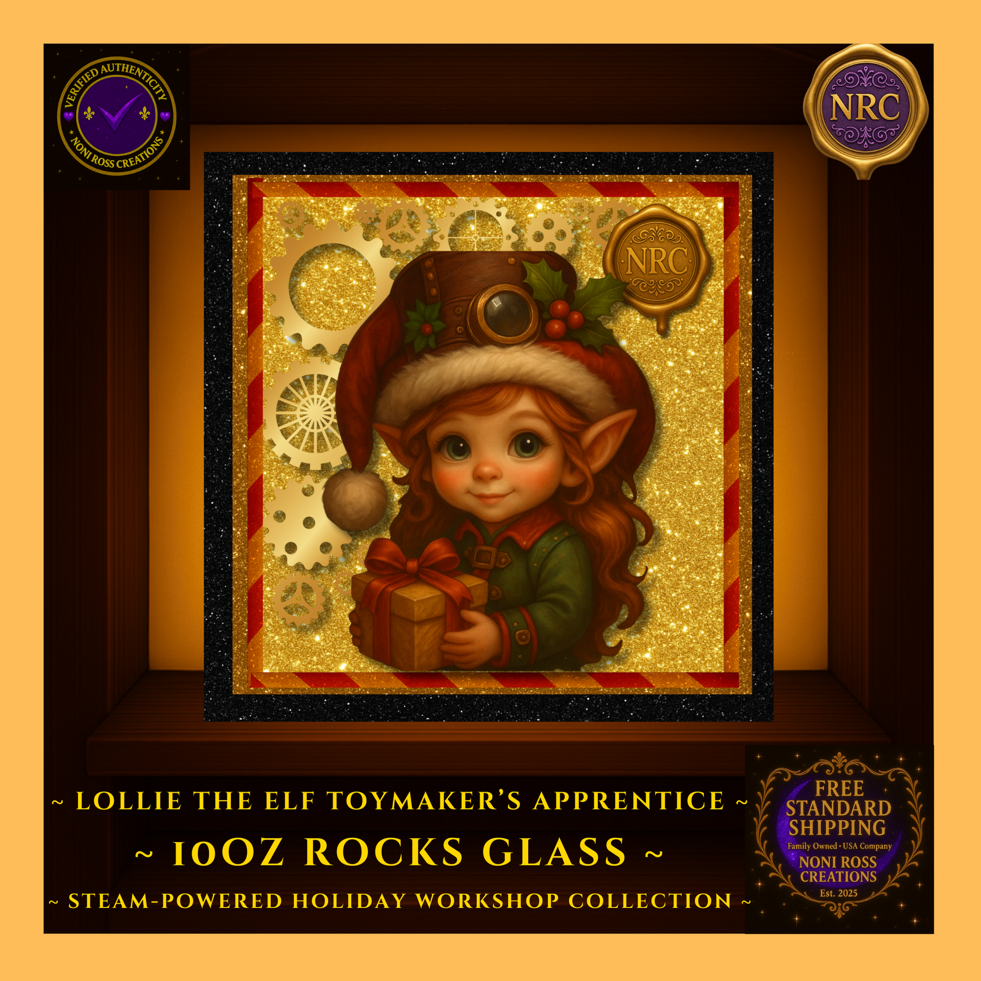 Close-up of Steam-Powered Lollie the Elf artwork on 10oz rocks glass inside NRC cubby, highlighting her festive outfit, gears, and glowing holiday background.