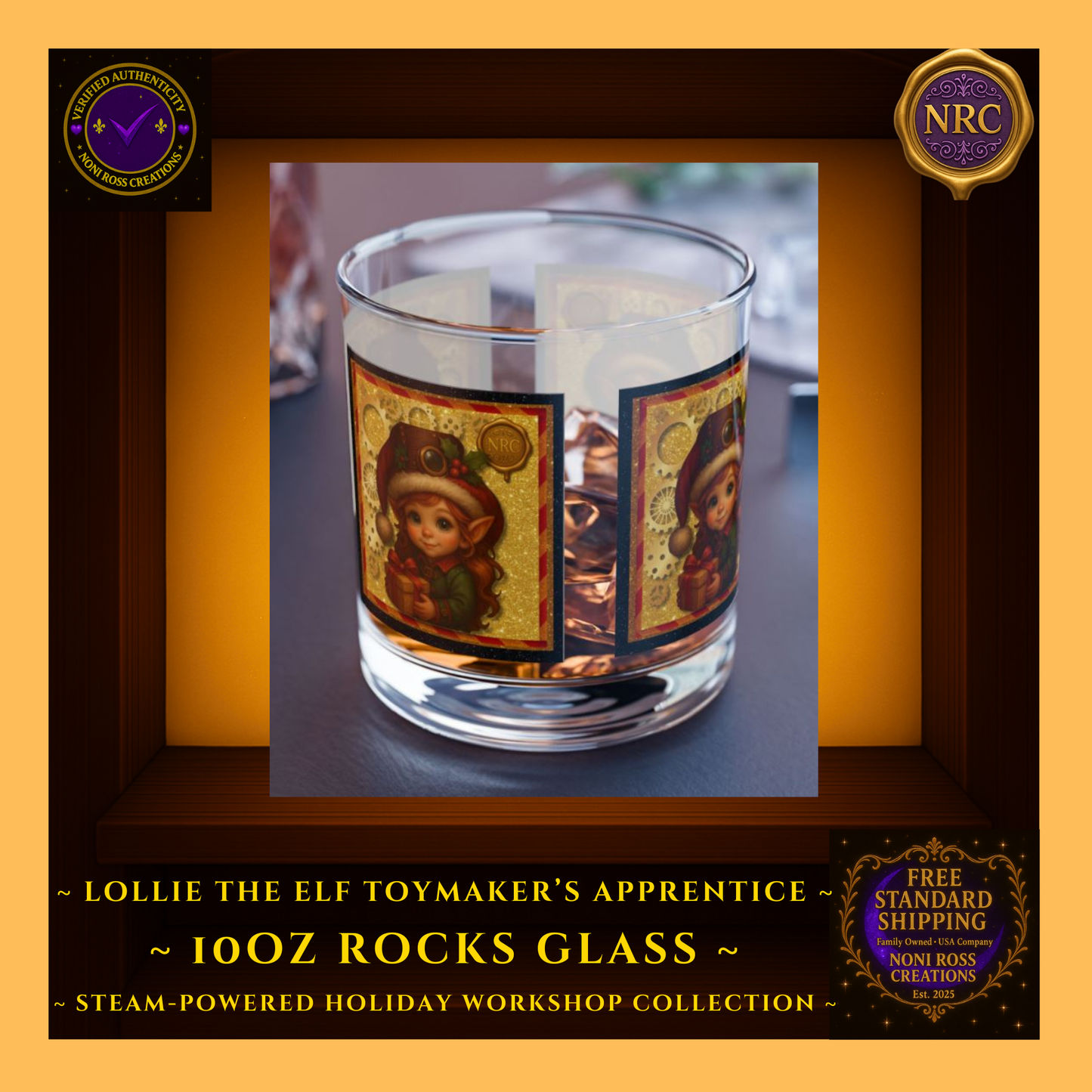 Steam-Powered Lollie the Elf 10oz rocks glass in NRC cubby lifestyle setting, shown as a fun holiday whiskey or cocktail glass for festive entertaining.