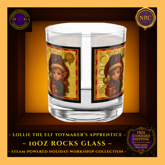 Steam-Powered Lollie the Elf 10oz rocks glass centered in NRC cubby frame, full front steampunk holiday elf artwork clearly visible.