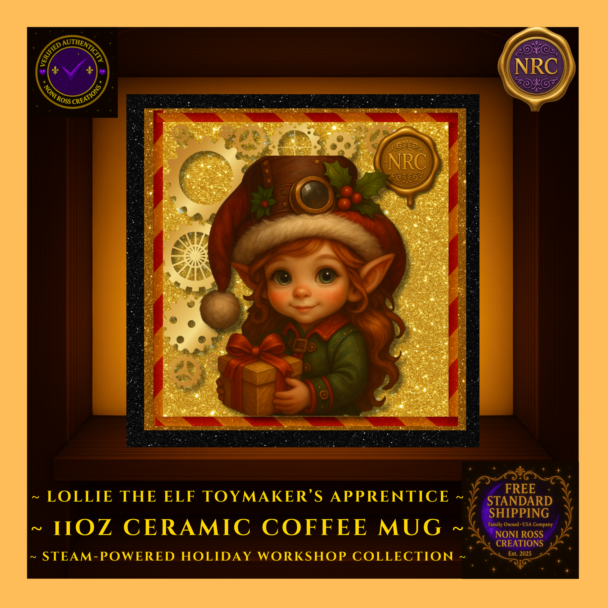 Close-up of Steam-Powered Lottie the Elf artwork on 11oz ceramic coffee mug inside NRC cubby, highlighting her outfit, gears, and glowing holiday background.