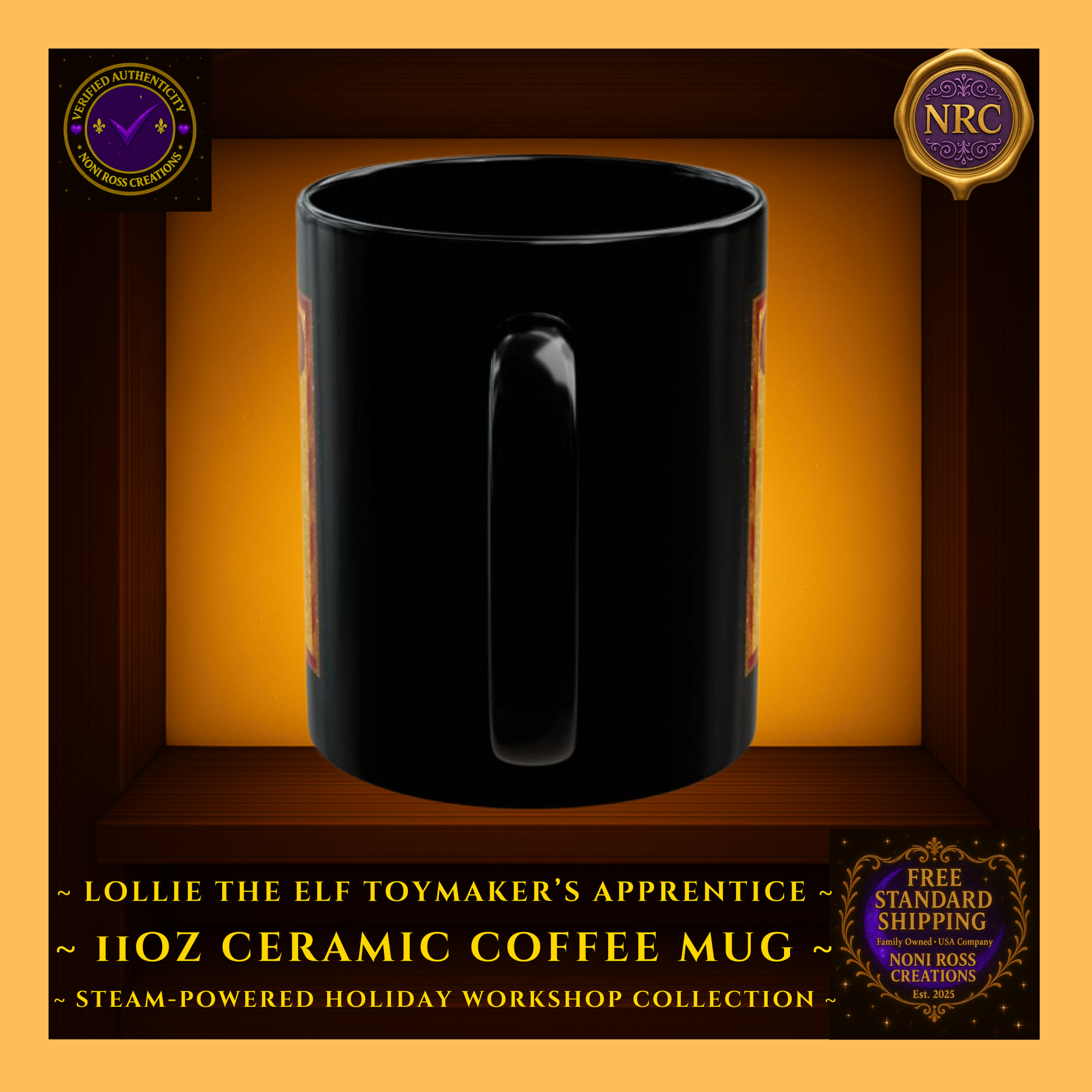 Steam-Powered Lottie the Elf 11oz ceramic coffee mug in NRC cubby frame, side angle focusing on white handle and glimpse of festive elf design.