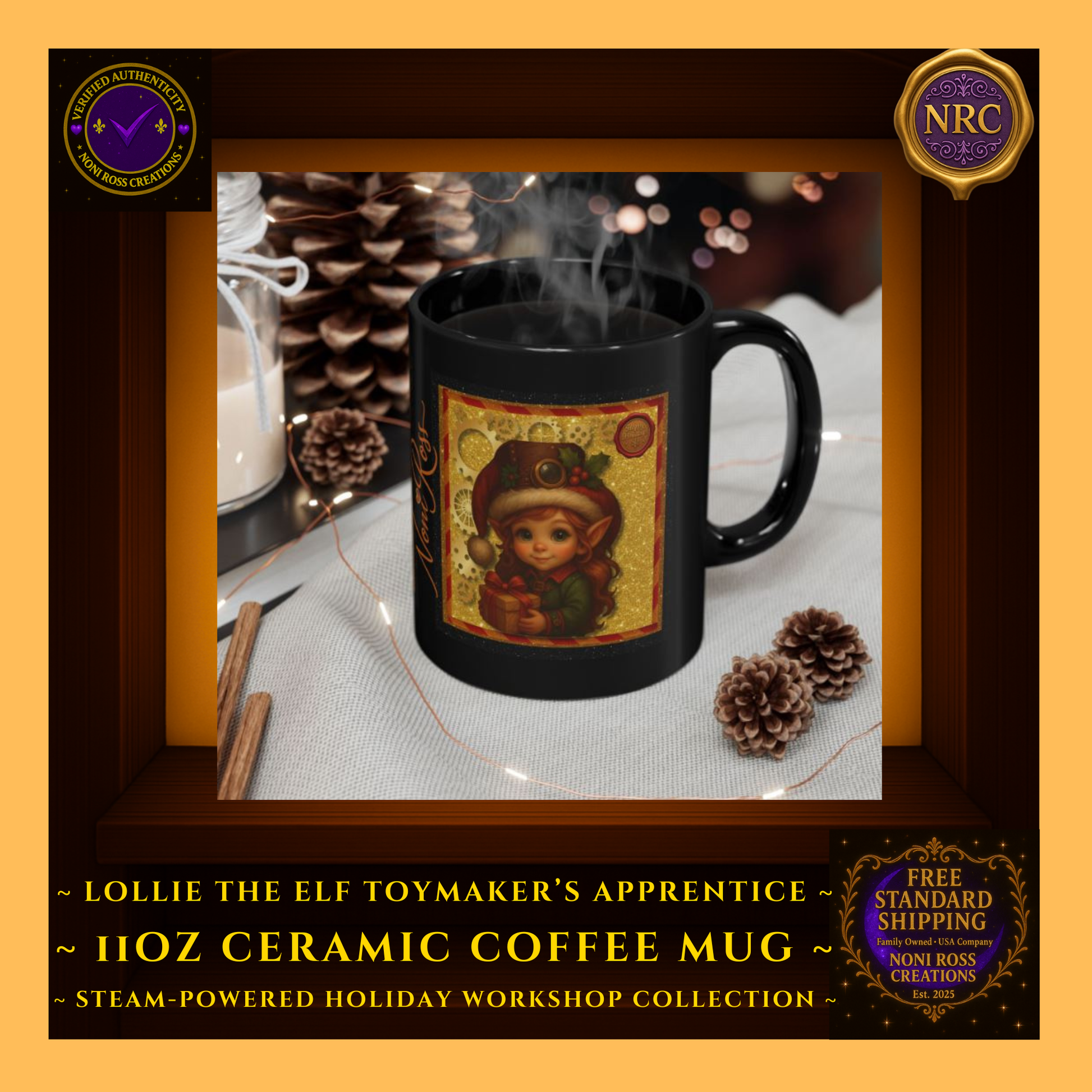 Steam-Powered Lottie the Elf 11oz ceramic coffee mug in NRC cubby lifestyle scene, styled as whimsical Christmas cocoa or coffee mug on a holiday surface.