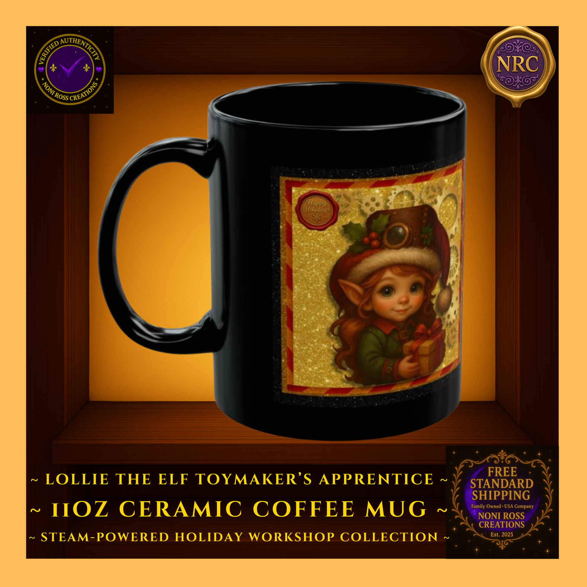 Steam-Powered Lottie the Elf 11oz ceramic coffee mug in NRC cubby frame, right side view highlighting mug shape and edge of steampunk artwork.
