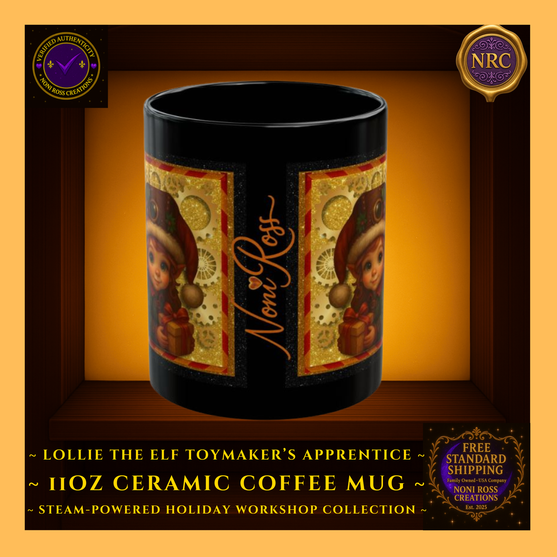 Back view of Steam-Powered Lottie the Elf 11oz ceramic coffee mug in NRC cubby, showing Noni Ross Creations signature and branding area.