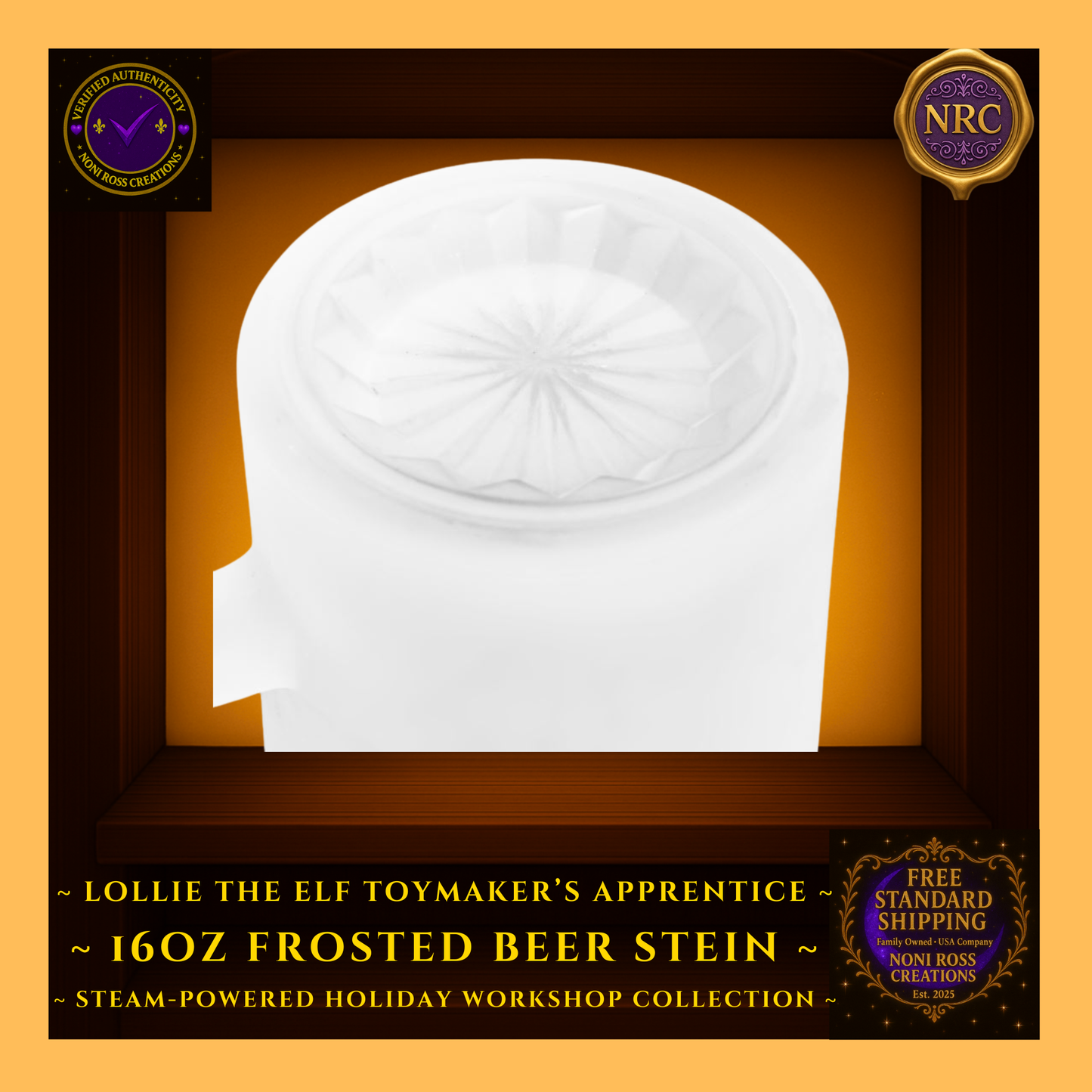 Bottom view of Steam-Powered Lottie the Elf frosted beer stein in NRC cubby frame, showing circular frosted glass base and sturdy construction.