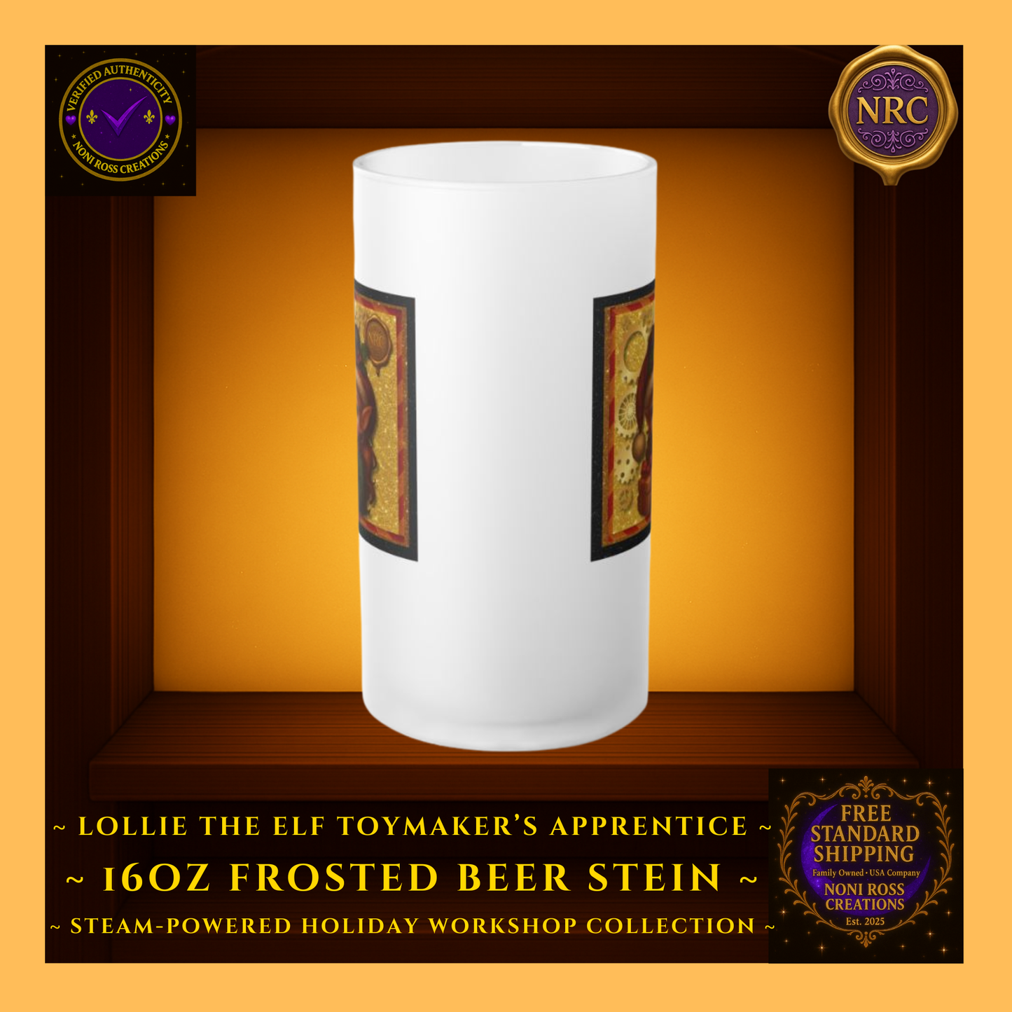 Front view of Steam-Powered Lottie the Elf frosted beer stein in NRC cubby, showcasing the full elf design with festive gears and glowing holiday background.