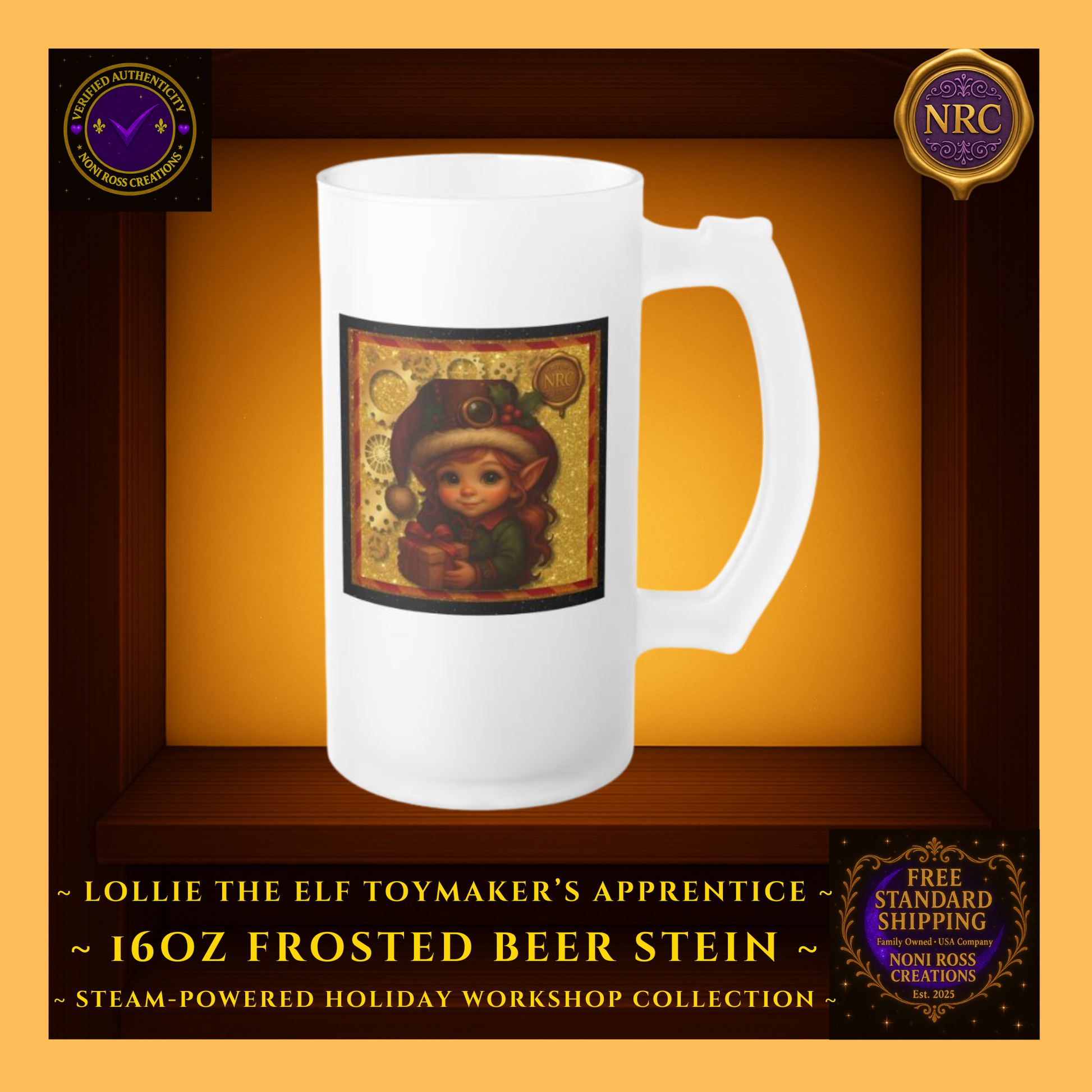 Steam-Powered Lottie the Elf frosted beer stein in NRC cubby, right side angle highlighting curved handle, frosted finish, and edge of elf artwork.