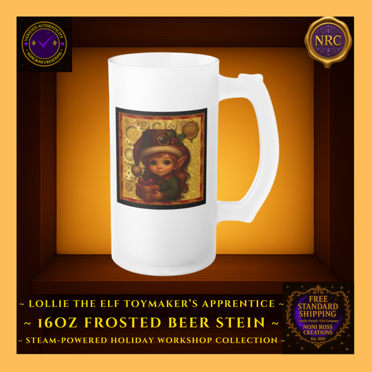 Steam-Powered Lottie the Elf frosted beer stein in NRC cubby, right side angle highlighting curved handle, frosted finish, and edge of elf artwork.