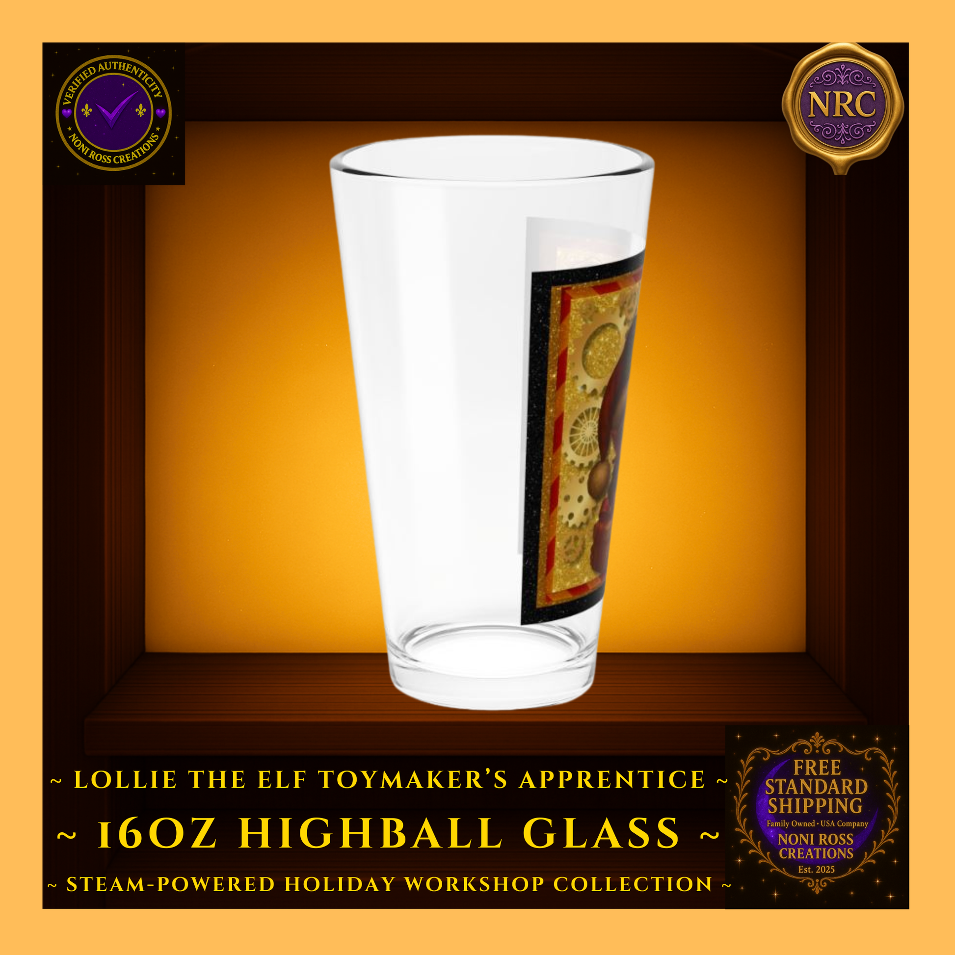 Steam-Powered Lottie the Elf 16oz highball glass in NRC cubby frame, left side angle showing tall silhouette and partial elf design.