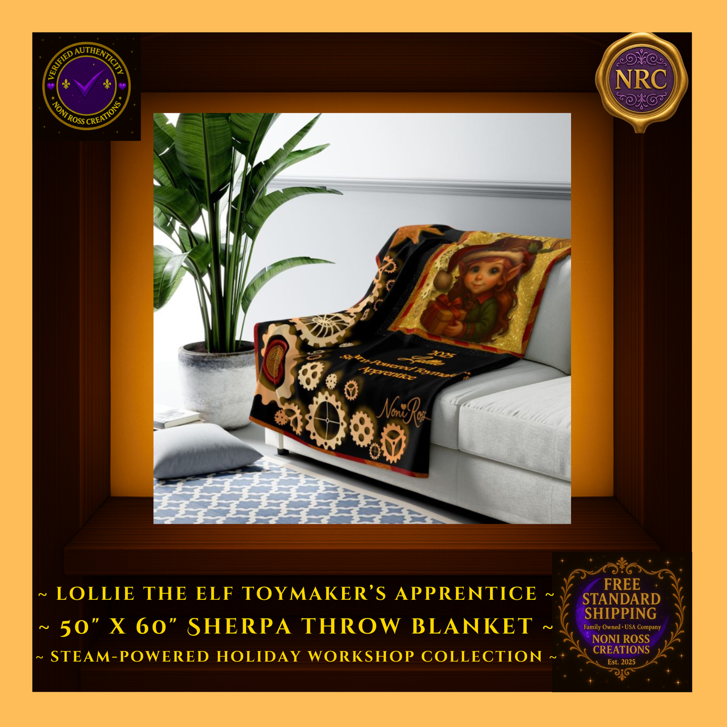 Lifestyle gold cubby view of the Lottie the Elf blanket displayed on a couch, showcasing its warm holiday tones and steampunk toy workshop artwork