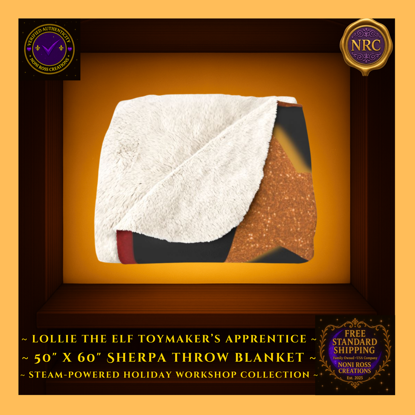 Folded gold cubby display of the Lottie the Elf fleece blanket showing soft plush texture and the vibrant red-and-gold steampunk holiday design