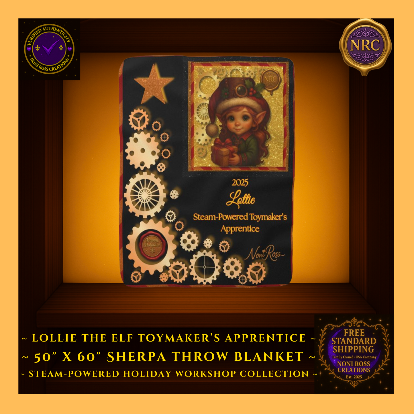 Main gold cubby image of the Lottie the Elf red and gold fleece blanket featuring Lottie holding a gift, surrounded by glowing gears and holiday sparkle