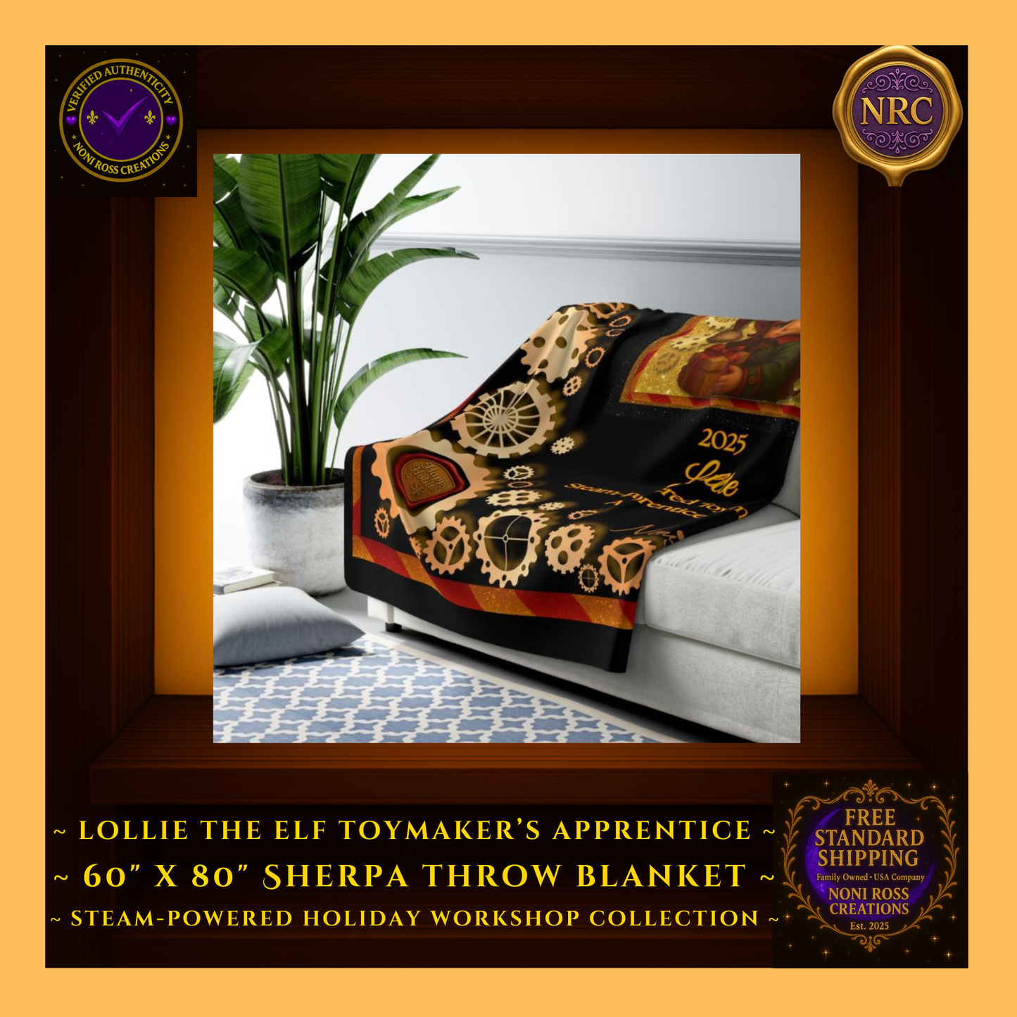 Lifestyle gold cubby view of the oversized Lottie the Elf blanket displayed on a couch, highlighting its rich red-and-gold tones and steampunk holiday details