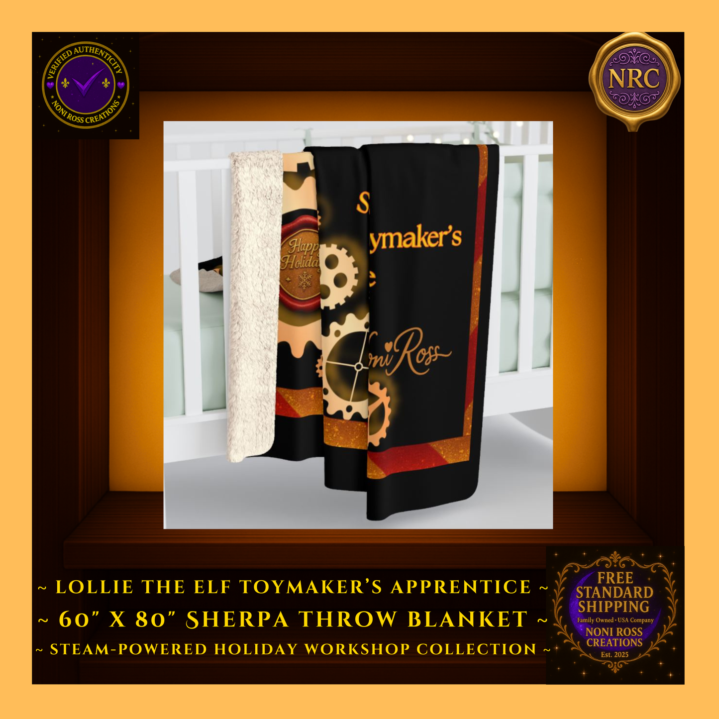 Gold cubby lifestyle image of the large 60×80 Lottie the Elf blanket draped over a crib, showing its festive colors and soft plush texture