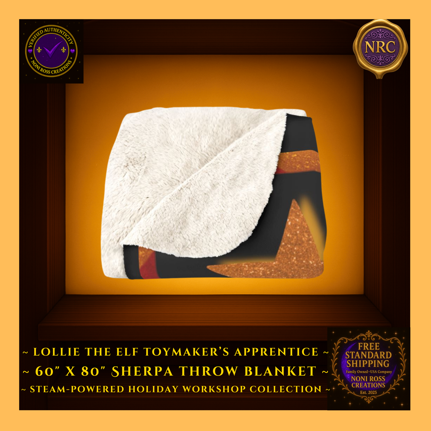 Folded gold cubby display of the 60×80 Lottie the Elf blanket showing the plush fleece texture, golden gear accents, and vibrant holiday artwork