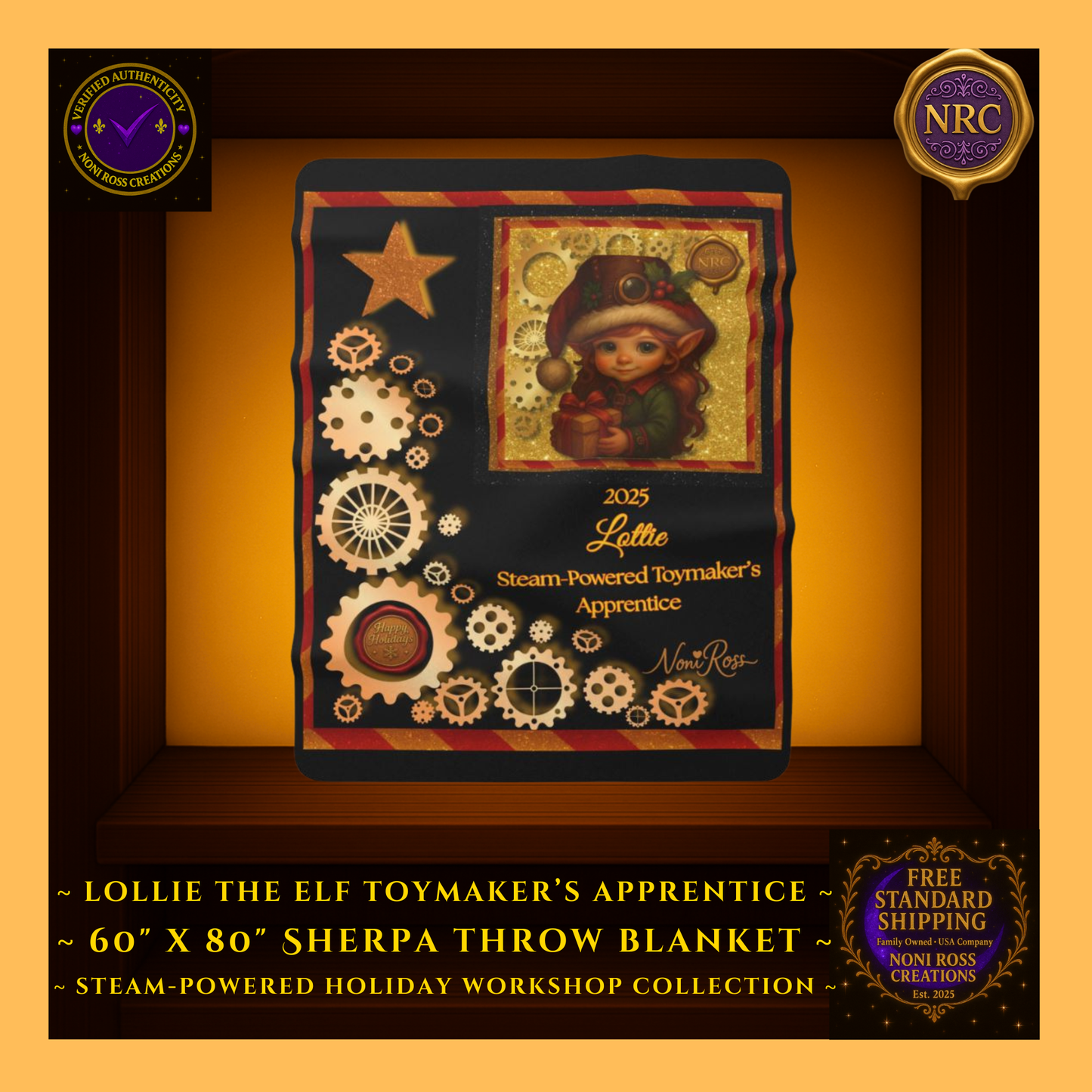 Main gold cubby display of the oversized 60×80 Lottie the Elf fleece blanket featuring Lottie with a holiday gift, surrounded by glowing gears and red-and-gold steampunk sparkle