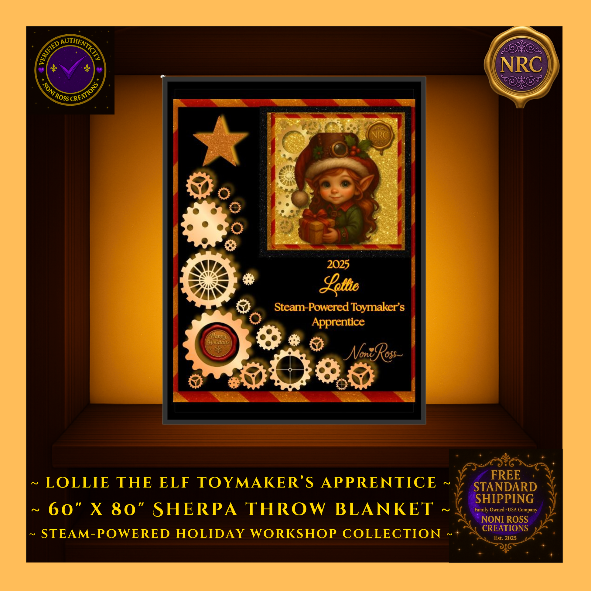 Close-up gold cubby view showing detailed artwork of Lottie the Elf, golden gears, sparkling highlights, and rich red-and-gold holiday textures