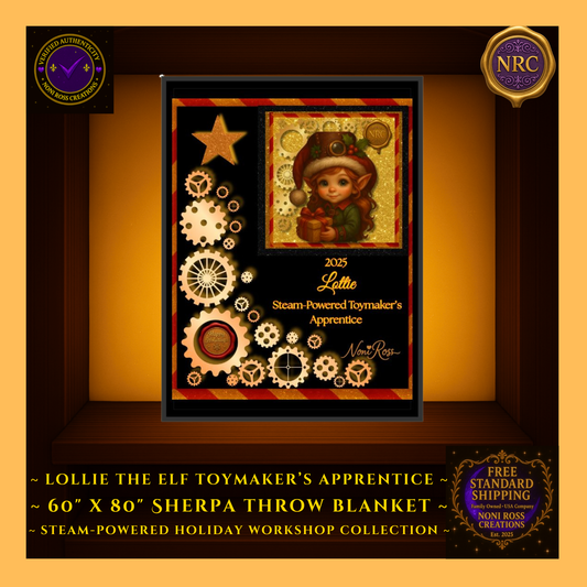 Close-up gold cubby view showing detailed artwork of Lottie the Elf, golden gears, sparkling highlights, and rich red-and-gold holiday textures