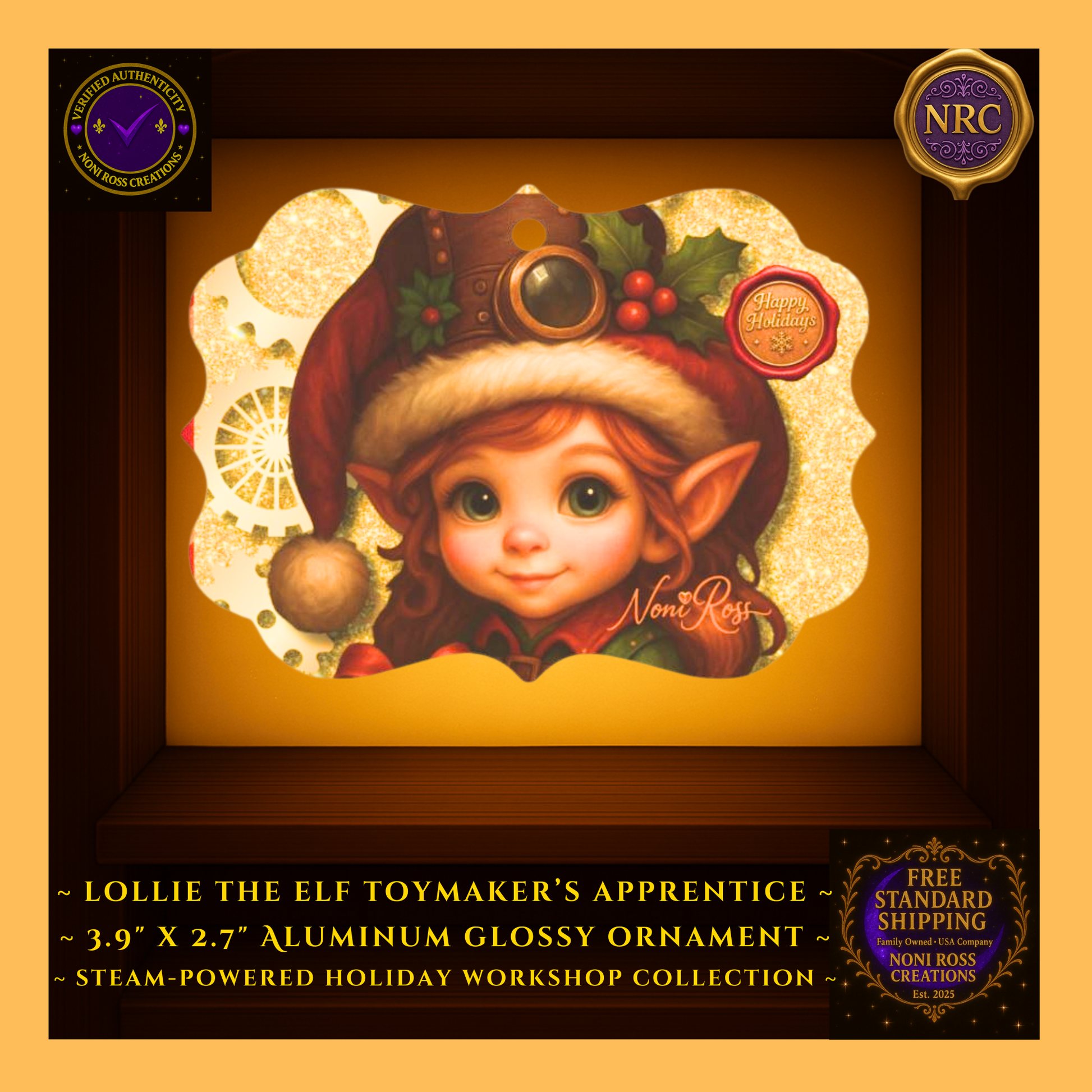 Back view of Steam-Powered Lottie the Elf metal Christmas ornament in NRC cubby frame, showing smooth metal finish and Noni Ross Creations branding area.