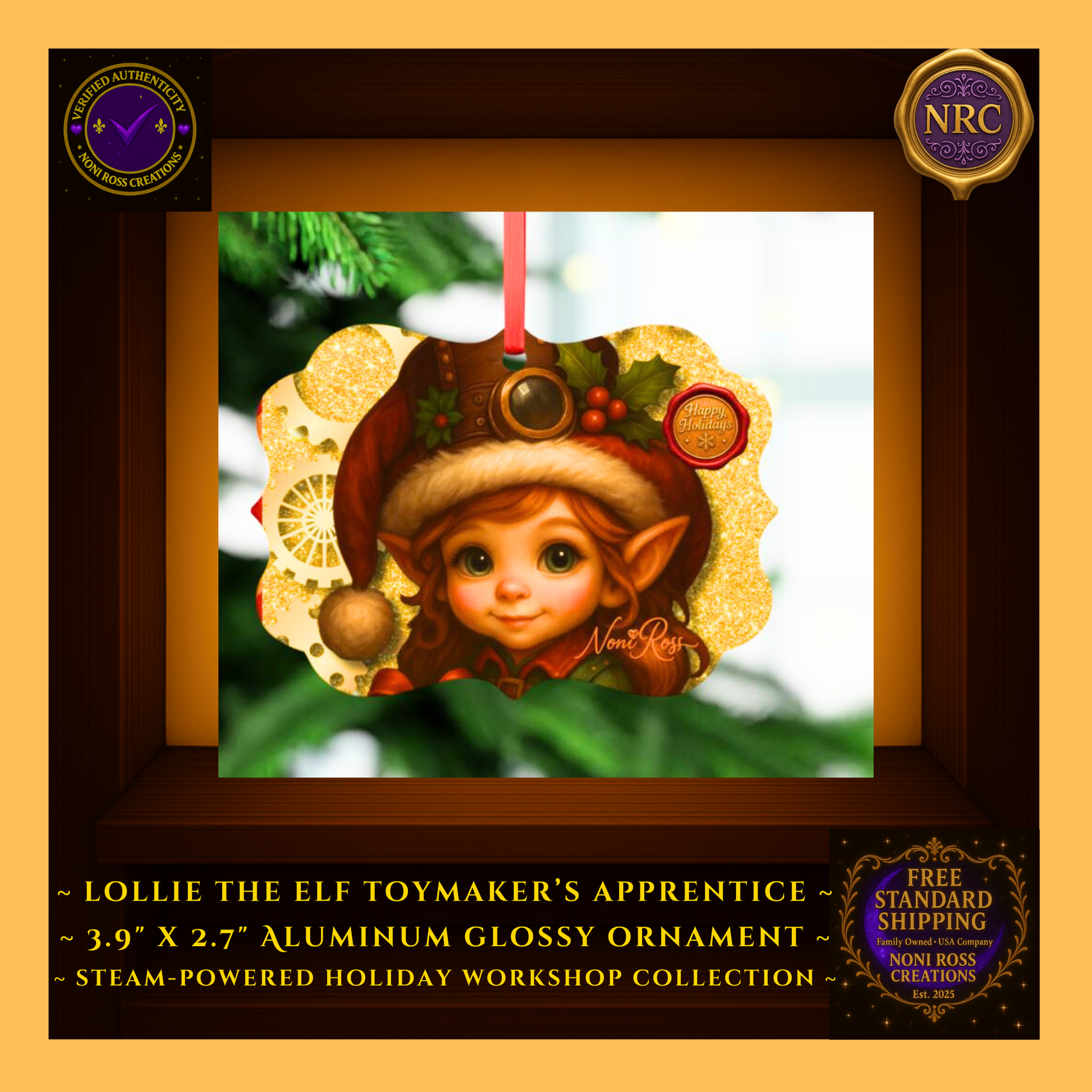 Steam-Powered Lottie the Elf metal ornament in NRC cubby lifestyle setting, displayed as a gift-ready keepsake ornament beside festive holiday décor.