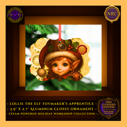 Steam-Powered Lottie the Elf metal ornament in NRC cubby lifestyle setting, displayed as a gift-ready keepsake ornament beside festive holiday décor.