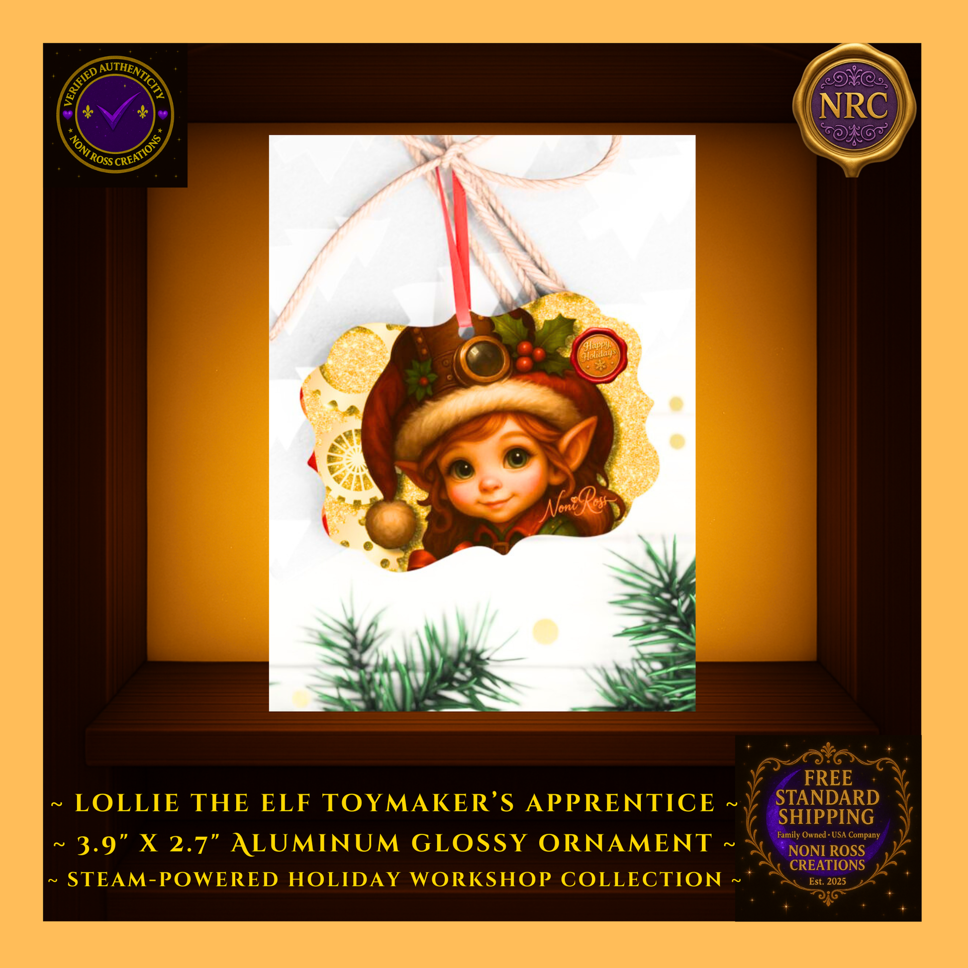 Steam-Powered Lottie the Elf metal ornament in NRC cubby lifestyle display, featured as a collectible steampunk Christmas ornament from Noni Ross Creations.