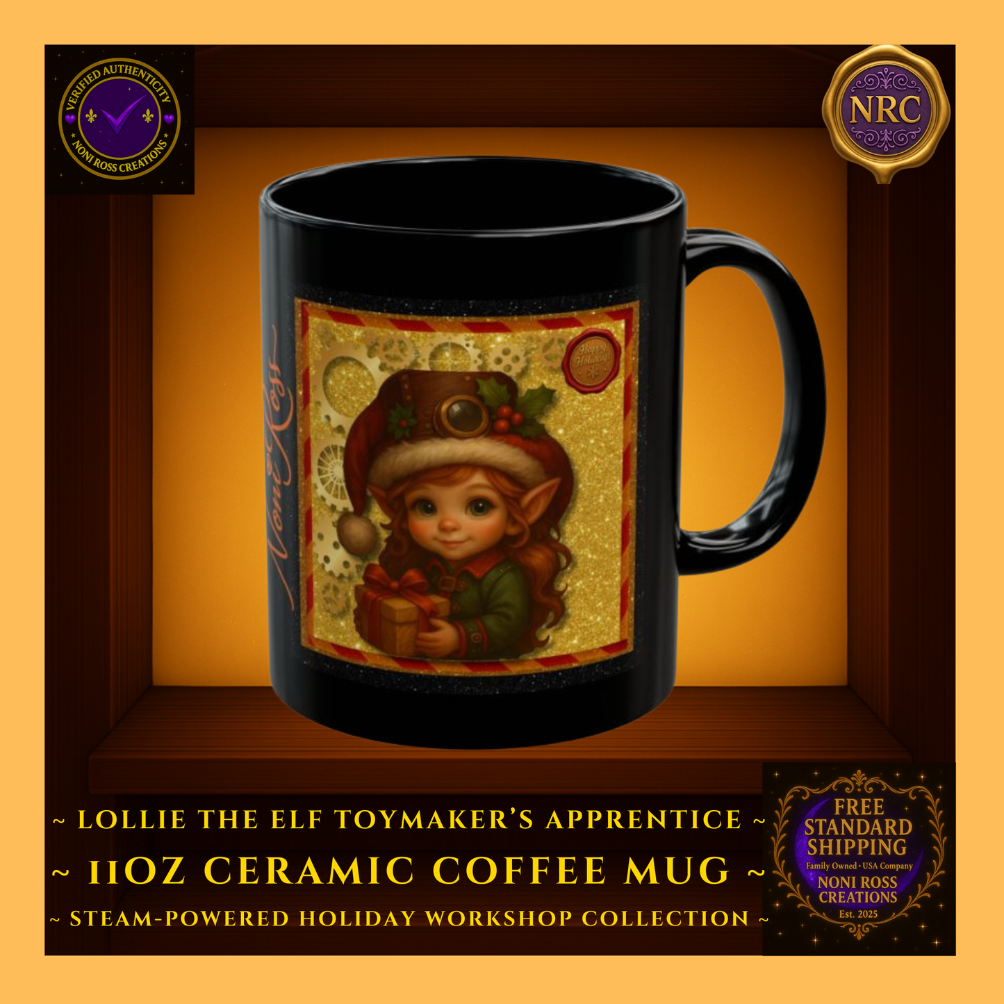 Steam-Powered Lottie the Elf 11oz ceramic coffee mug centered in NRC cubby frame, full front steampunk holiday elf artwork clearly visible.