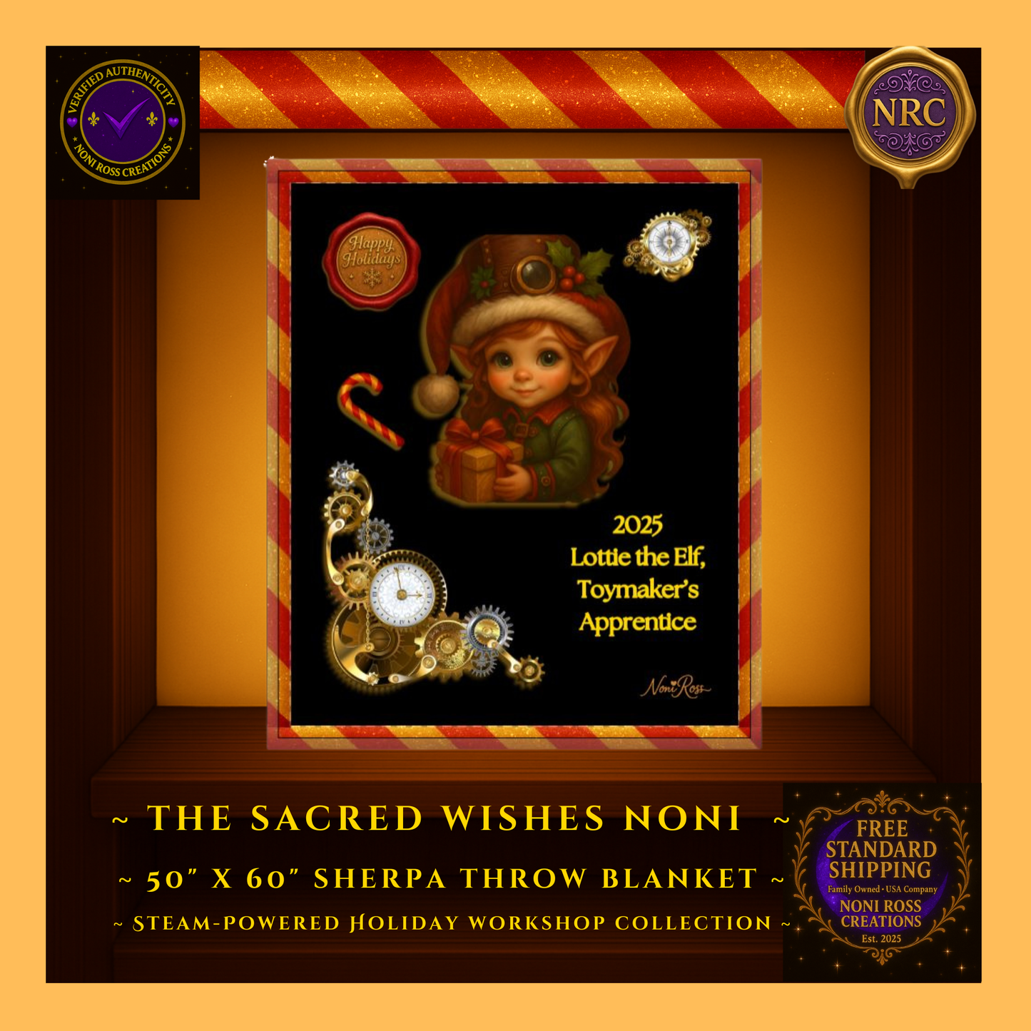 Close-up of Lottie the Elf artwork showing big green eyes, fur-trimmed hat, steampunk goggles, holly, and present against deep black background