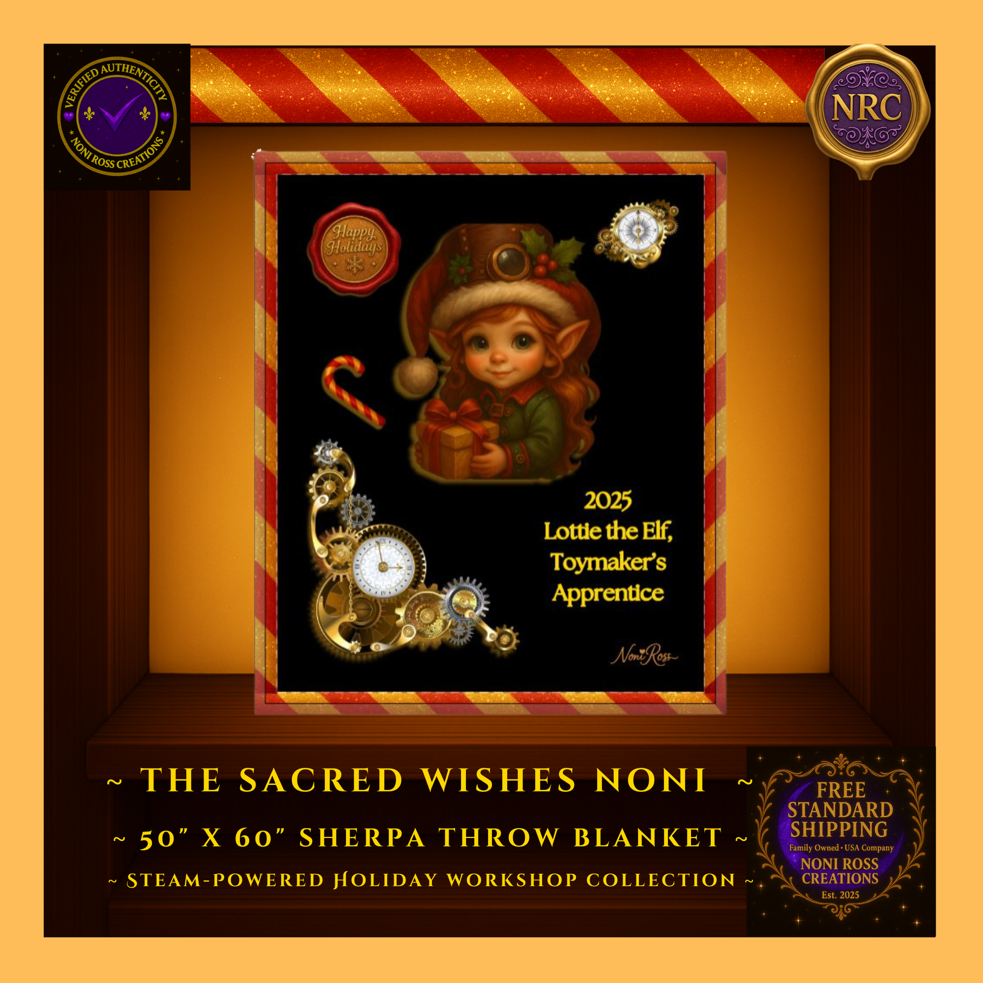 Close-up of Lottie the Elf artwork showing big green eyes, fur-trimmed hat, steampunk goggles, holly, and present against deep black background