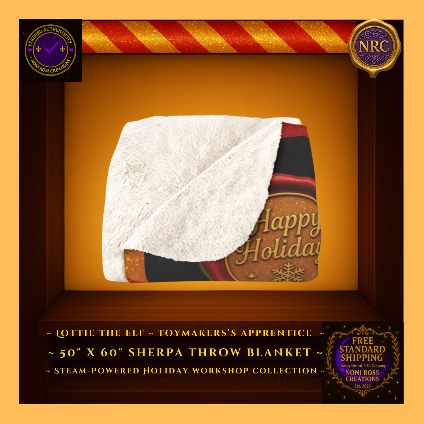 Lottie the Elf sherpa blanket folded to reveal soft white sherpa backing and festive elf artwork inside a gold cubby frame