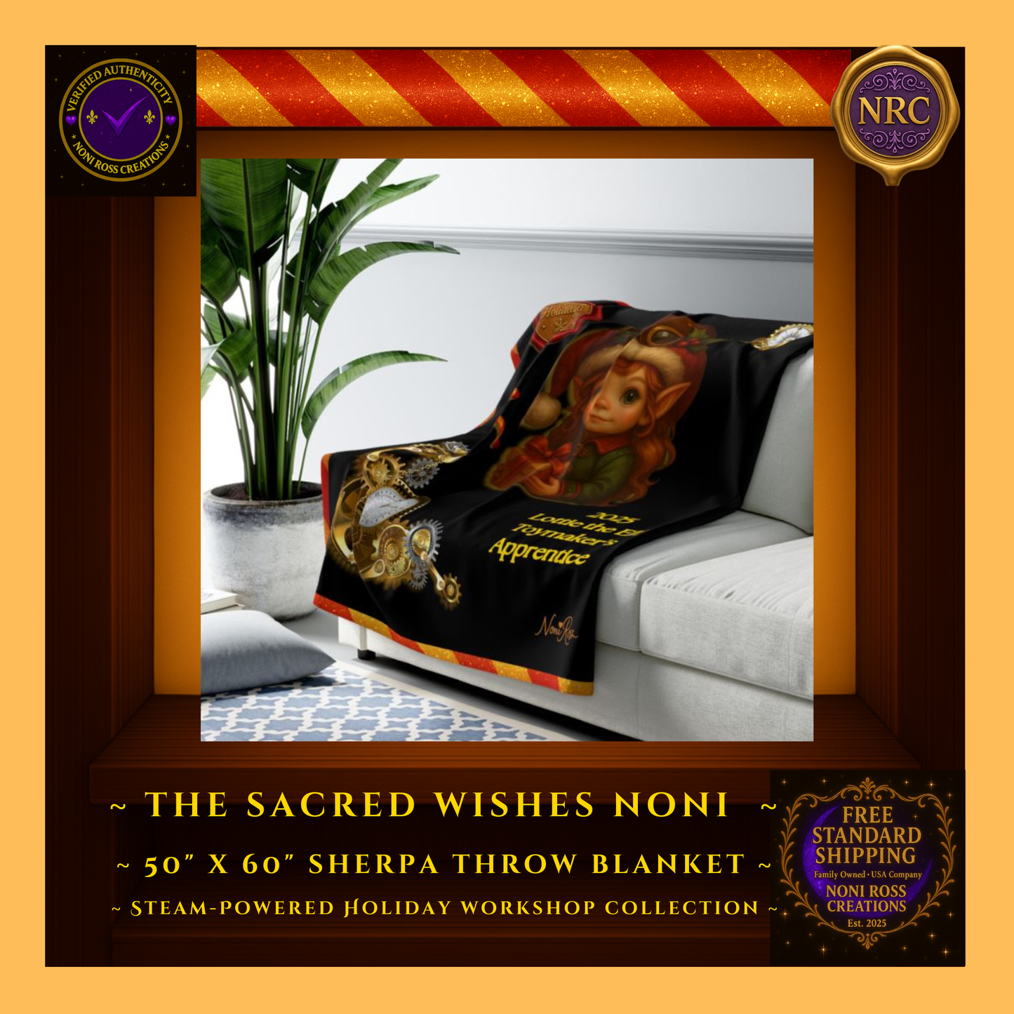 Lottie the Elf sherpa blanket displayed on a living room couch inside a gold cubby frame as cozy steampunk Christmas home décor