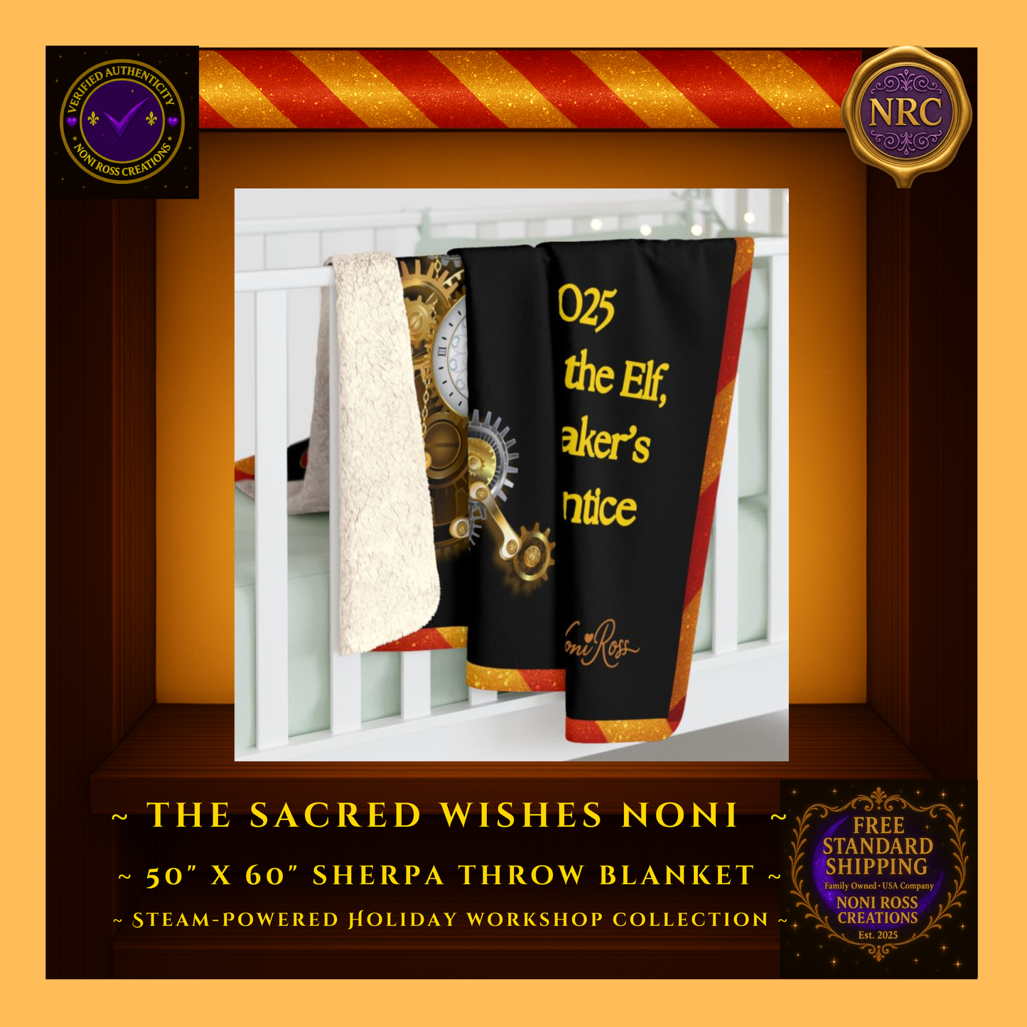 Lottie the Elf sherpa blanket draped over a crib rail in a gold cubby setting styled as whimsical Christmas nursery décor