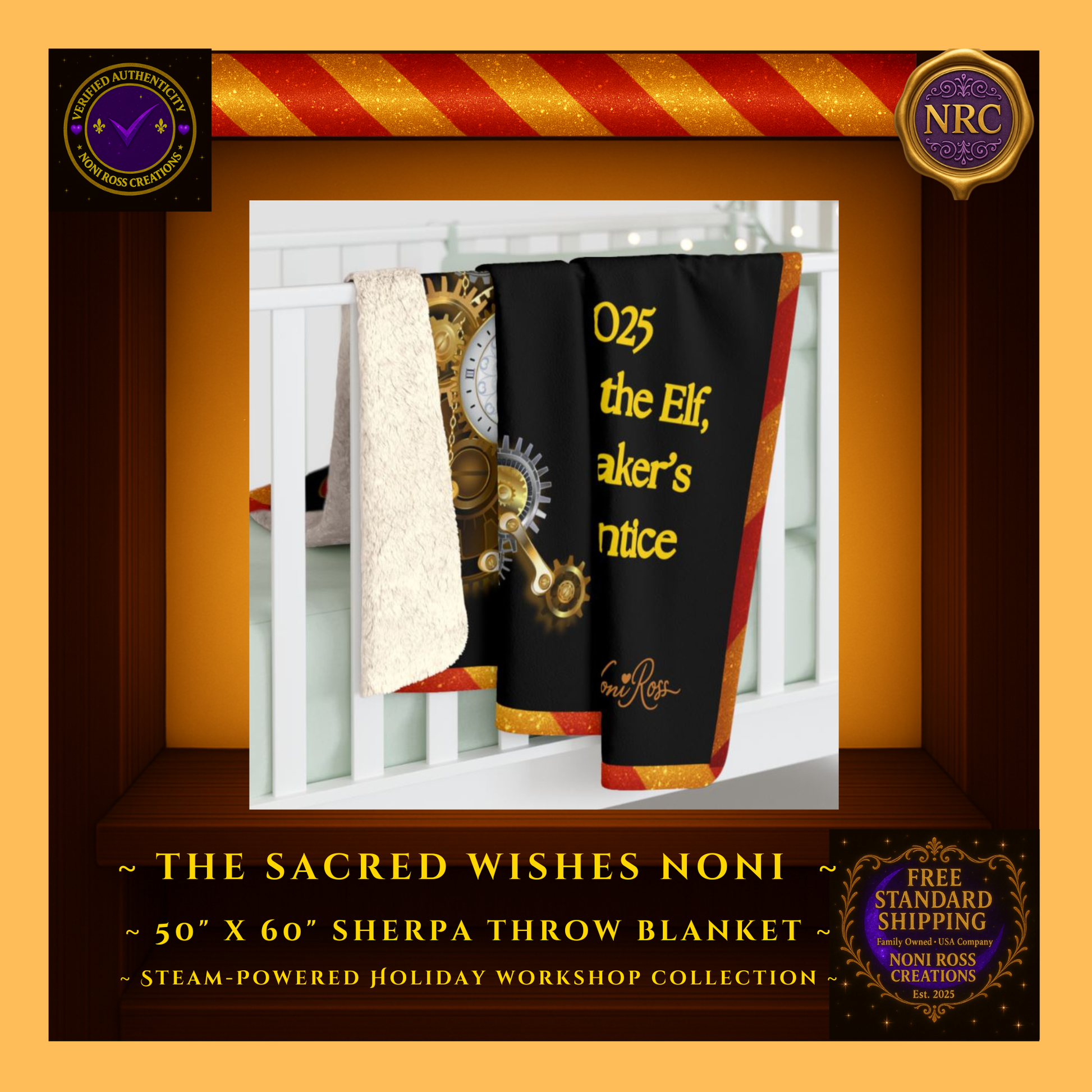 Lottie the Elf sherpa blanket draped over a crib rail in a gold cubby setting styled as whimsical Christmas nursery décor