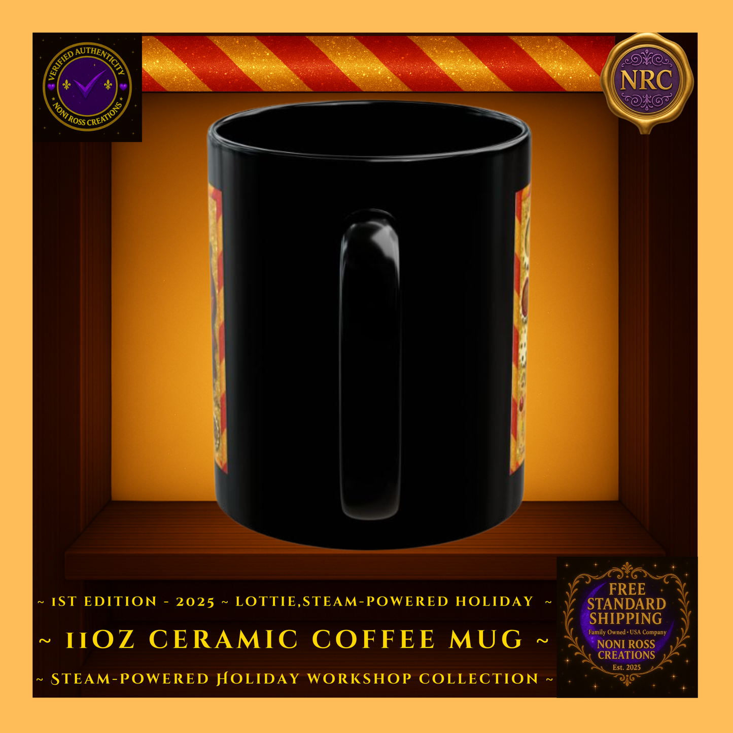 Gold cubby image showing the handle side of the Lottie the Elf mug with holiday gears and vibrant steampunk detailing